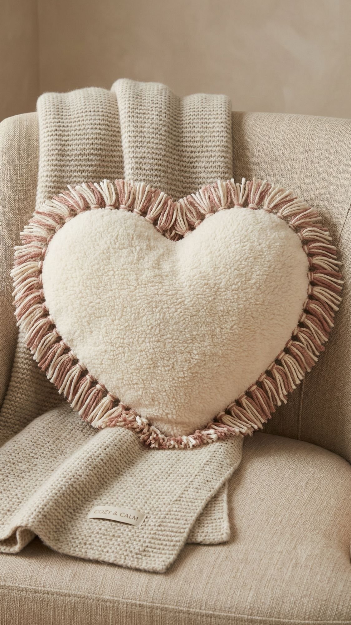 A heart-shaped, fluffy cream pillow with pink and cream fringe—perfect as DIY presents for mom or homemade gifts—sits on a beige knitted throw draped over a light tan upholstered chair.