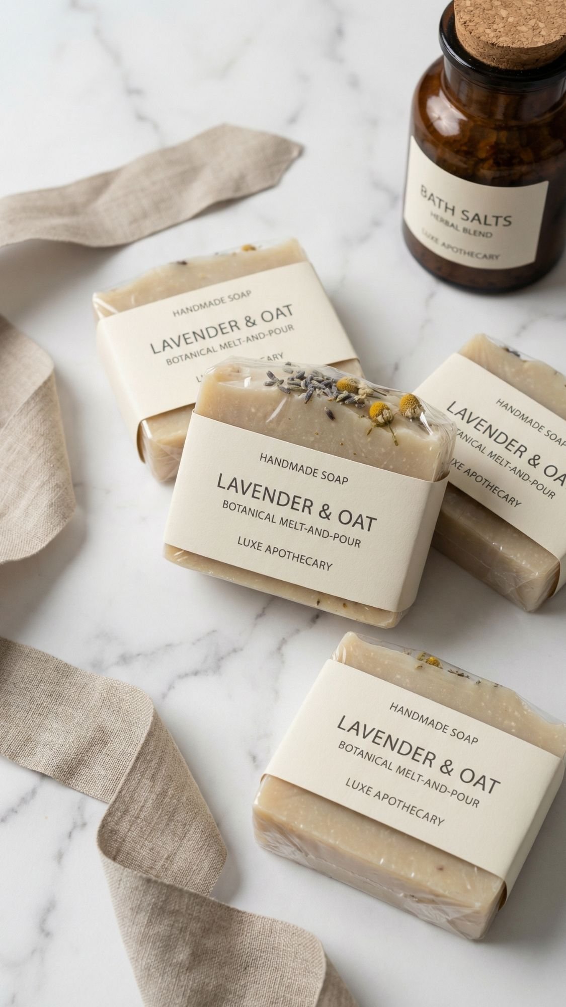 Four bars of handmade Lavender & Oat soap with botanical ingredients are arranged on a marble surface near a jar of bath salts and beige ribbon—perfect for DIY spa day gifts or thoughtful presents for mom. The soap is labeled “Luxe Apothecary.”.