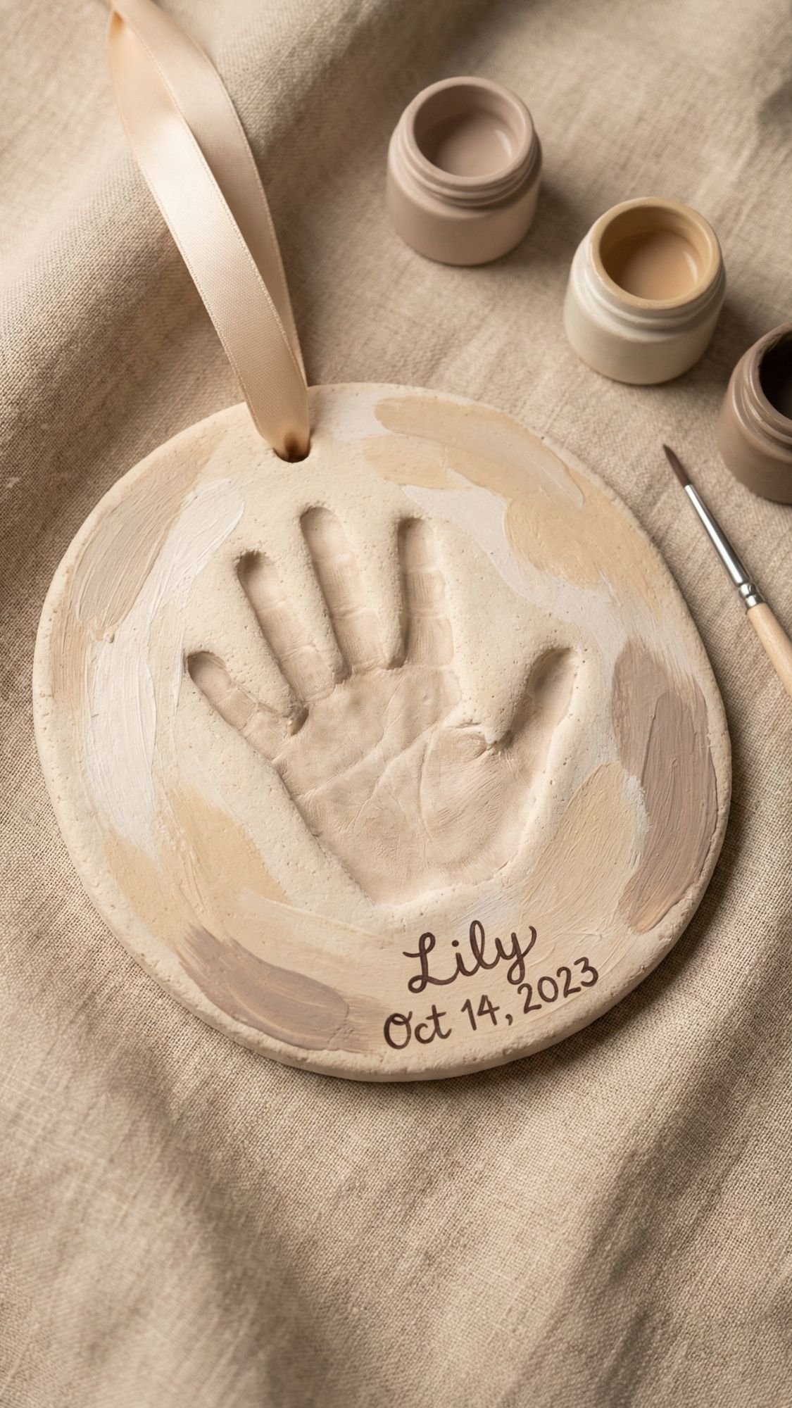 A round clay ornament with a child’s handprint, painted in neutral tones, hangs from a ribbon. “Lily Oct 14, 2023” is written at the bottom. A perfect kids craft and DIY gift for mom, with paint jars and brush on beige fabric nearby.