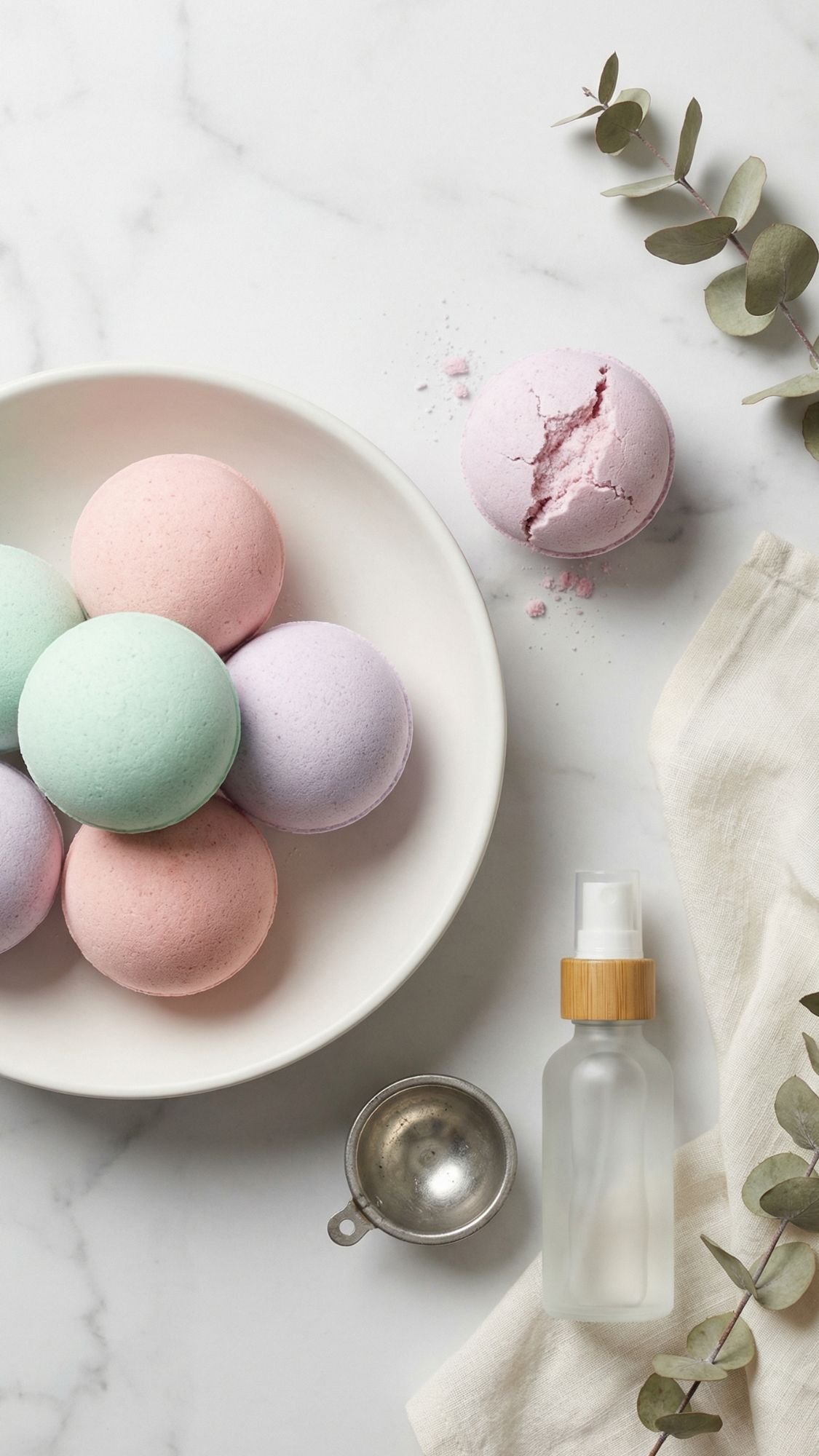 A white plate with pastel-colored bath bombs on a marble surface, perfect for an at home spa. Nearby sit a cracked bath bomb, glass spray bottle, metal measuring cup, eucalyptus leaves, and a cream-colored cloth—ideal DIY spa day gifts.
