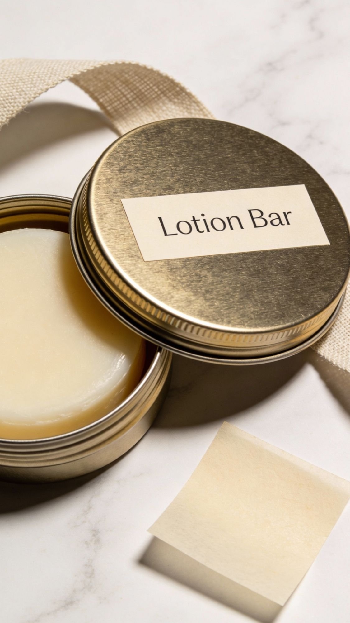 A round metal tin labeled Lotion Bar sits open on a marble surface, revealing a solid lotion disc inside—perfect for an at home spa or thoughtful DIY spa gifts. A piece of textured fabric and a small square sheet are also visible nearby.