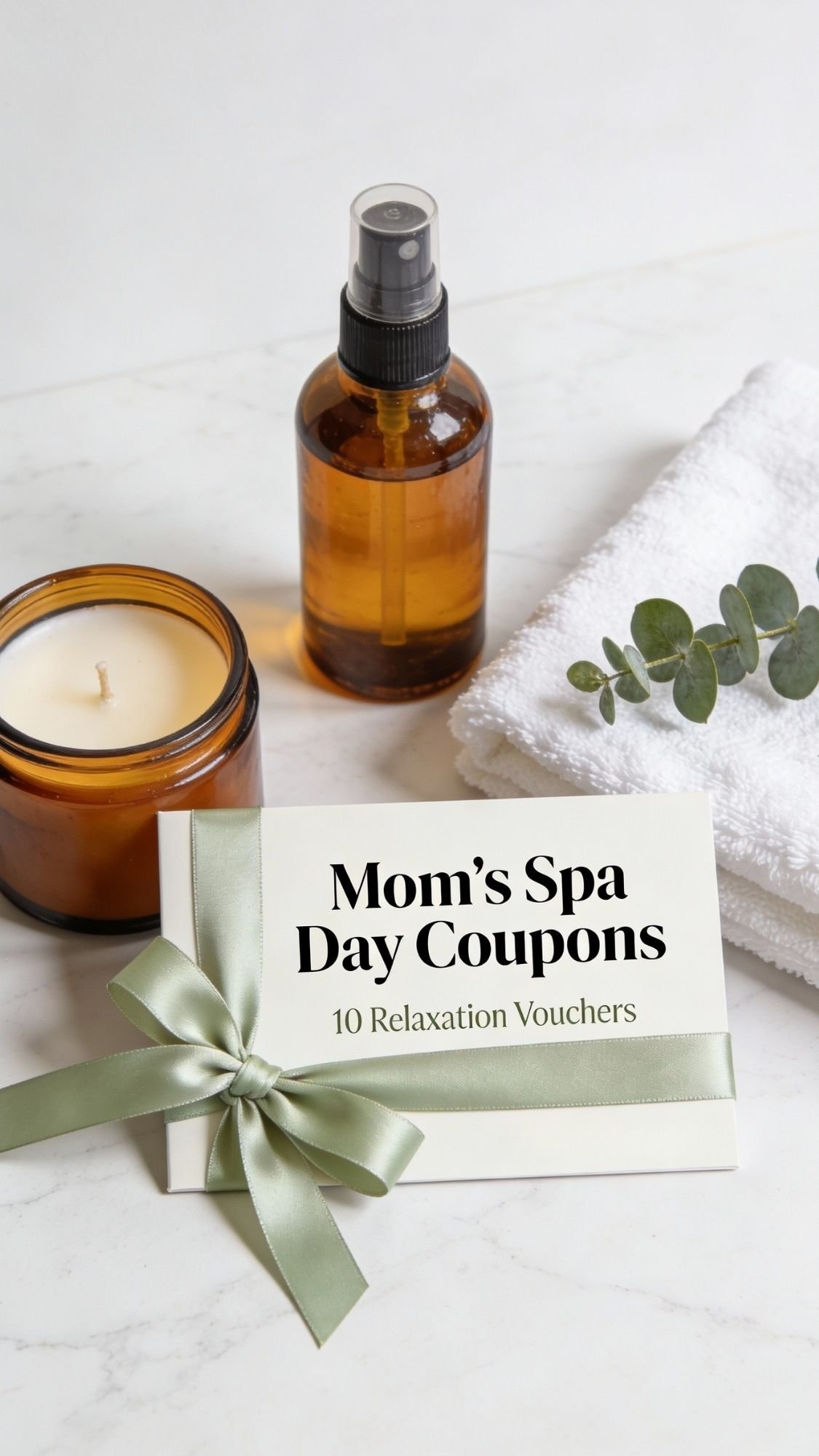 A set of DIY spa day gifts featuring a lit candle, brown spray bottle, white towel with eucalyptus leaves, and an envelope labeled “Mom’s Spa Day Coupons: 10 Relaxation Vouchers” tied with a green ribbon—perfect at home spa presents for mom.
