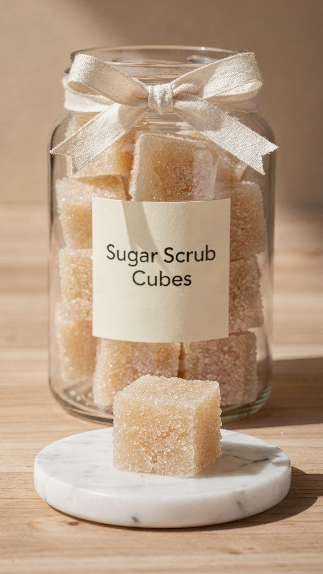 A glass jar labeled Sugar Scrub Cubes with a cream-colored ribbon bow holds several cubes—perfect for a mom spa day or thoughtful DIY presents. One cube sits on a round marble slab in front of the jar, all set on an at-home wooden surface.