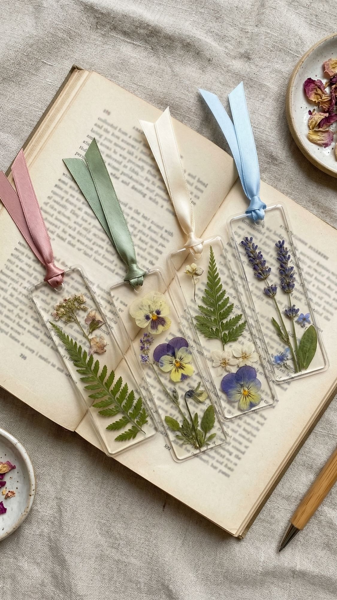 Four resin bookmarks with pressed flowers, ferns, and pastel ribbons are laid on an open book—perfect homemade gifts or DIY presents for mom. Small bowls with dried flowers and a pencil rest nearby on a light fabric surface.