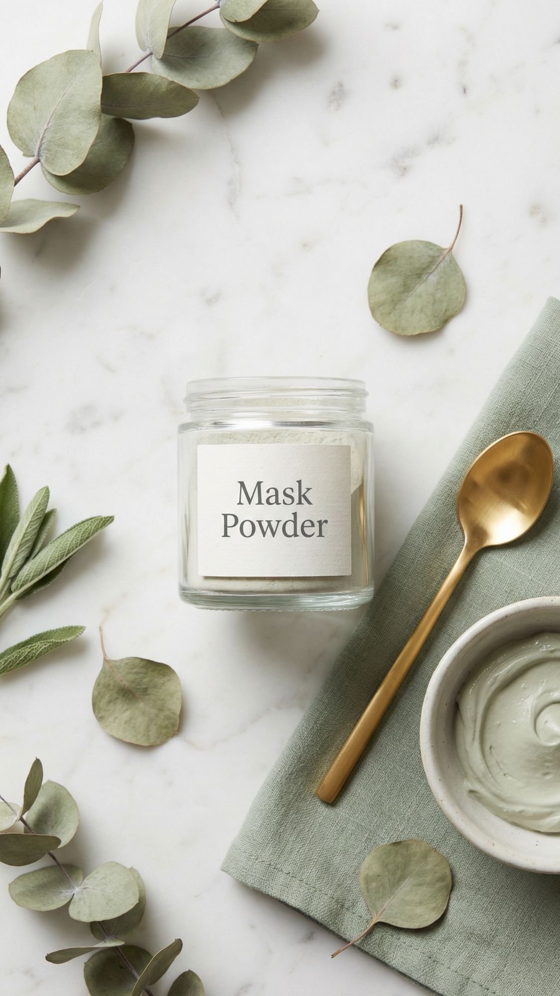 A glass jar labeled Mask Powder on a marble surface, surrounded by eucalyptus leaves, a gold spoon, a bowl of mixed face mask, and a green cloth napkin—perfect for an at home spa or DIY spa gifts.