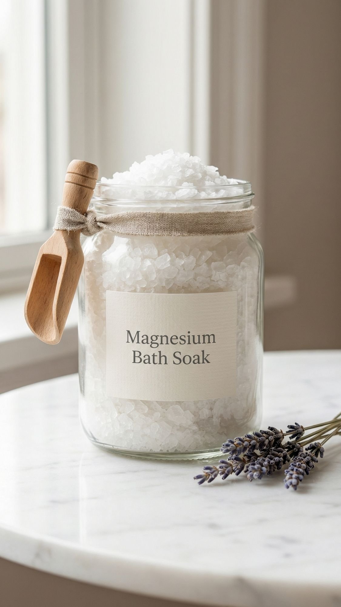 A glass jar labeled Magnesium Bath Soak filled with white bath salts, topped with a wooden scoop, sits on a marble surface next to a small bundle of lavender—perfect for an at home spa or thoughtful DIY spa gifts.