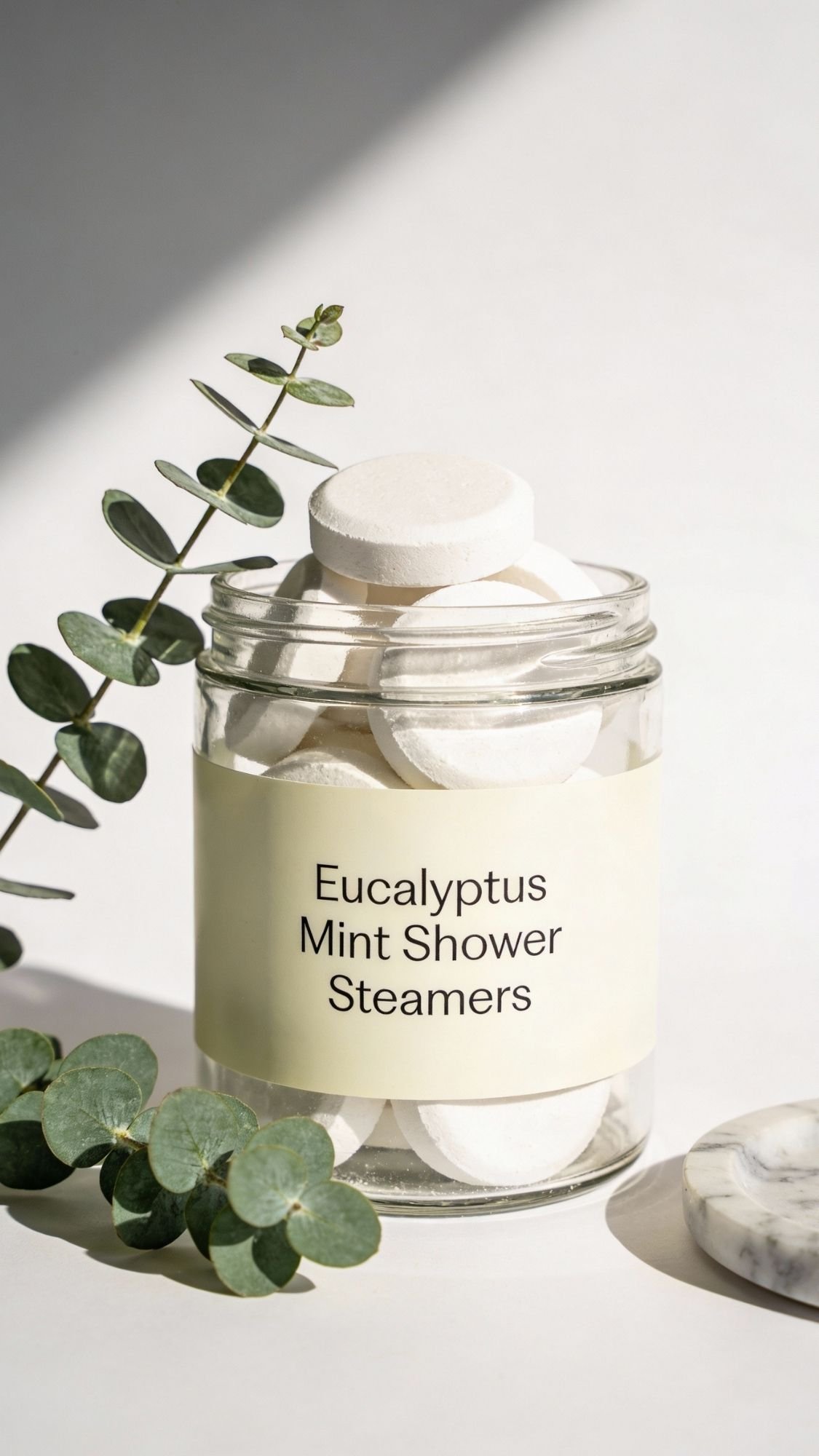 A glass jar labeled Eucalyptus Mint Shower Steamers sits on a white surface with round white tablets inside. Eucalyptus leaves are arranged beside the jar, perfect for a spa day at home or as thoughtful homemade gifts. Sunlight casts gentle shadows.