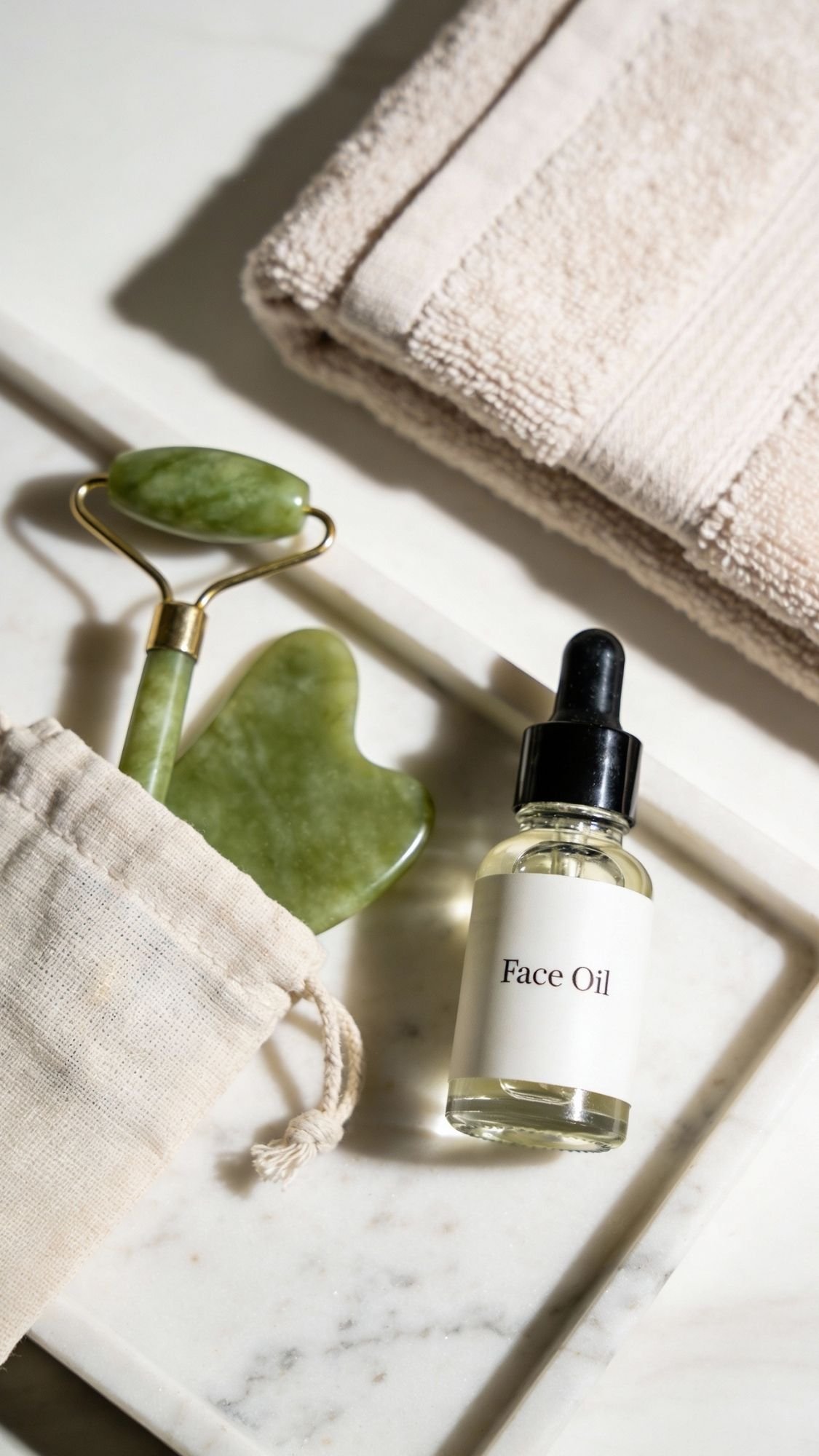 A bottle of face oil with a dropper, a jade roller, a gua sha tool partly in a cloth bag, and a folded beige towel on white marble—perfect for making at home spa gifts or treating mom to a relaxing DIY spa day.