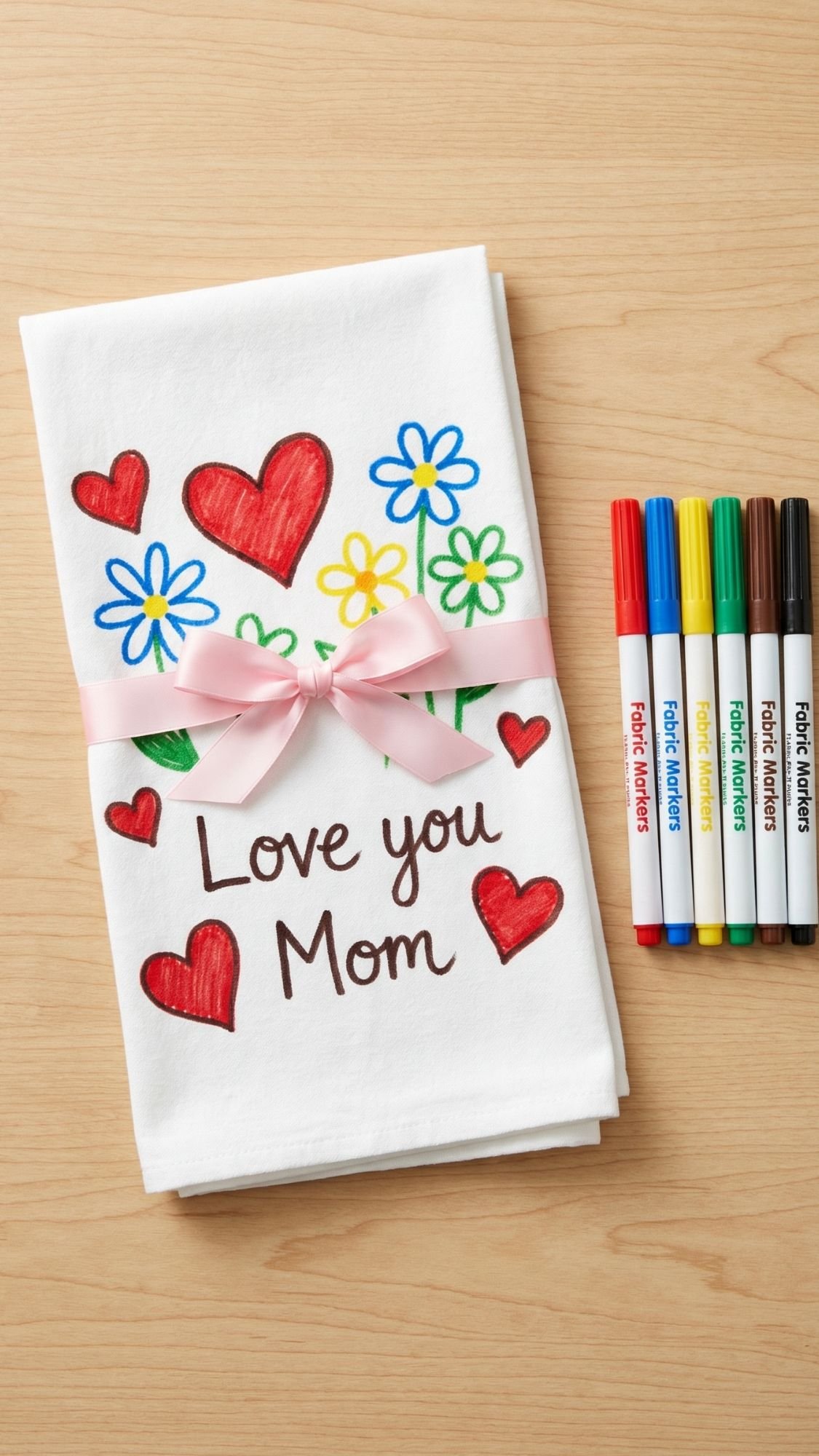 A white cloth with colorful hand-drawn hearts, flowers, and the words Love you Mom is tied with a pink ribbon. Next to it, five colored markers are arranged on a wooden surface—perfect for kids crafts and homemade gifts.