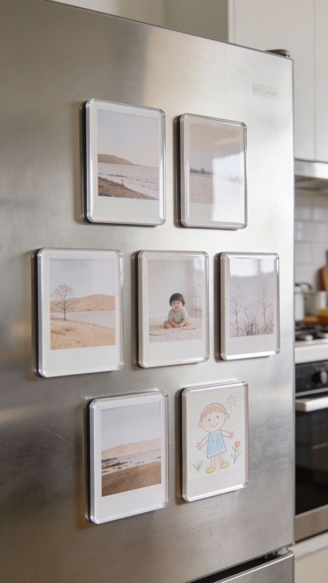 Six framed photos and a child’s drawing, perfect examples of kids crafts or thoughtful DIY presents, are displayed on a stainless steel refrigerator. Most photos show outdoor landscapes, while the colorful drawing features a smiling stick figure.