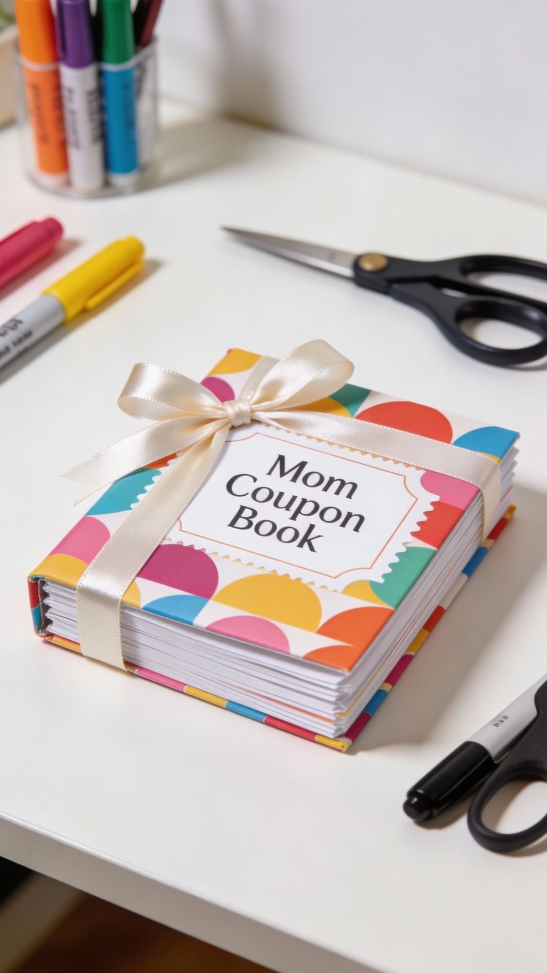 A colorful, handmade “Mom Coupon Book” tied with a cream ribbon sits on a white desk, surrounded by markers, black scissors, and craft supplies—perfect for kids crafts or thoughtful DIY presents as gifts for mom.