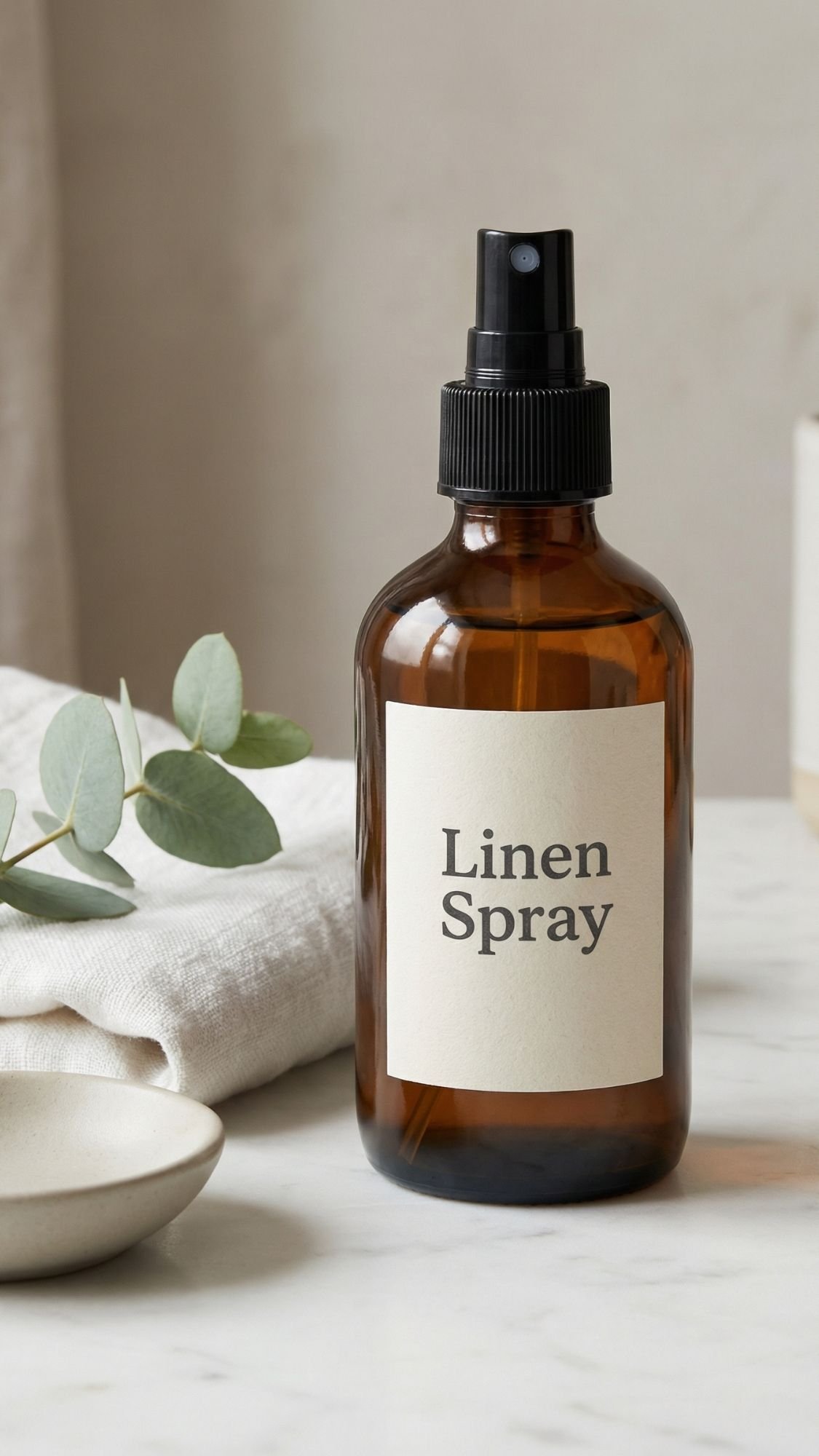 A brown glass spray bottle labeled Linen Spray sits on a marble surface next to a small branch with green leaves, a folded white cloth, and a shallow dish—perfect for adding to homemade spa gifts or creating a spa day at home.