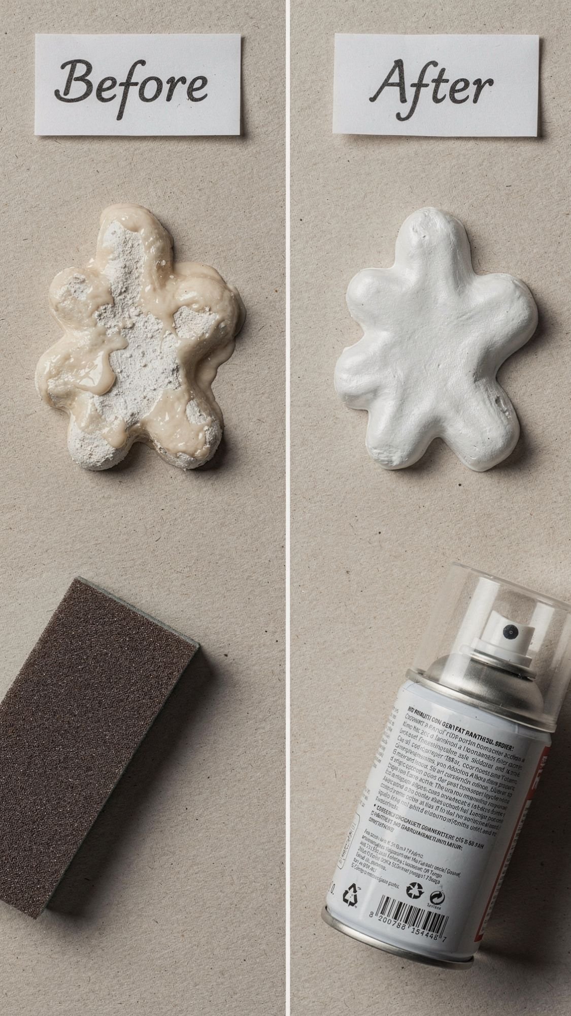 A split image shows a textured object before and after spray painting—perfect inspiration for homemade gifts or DIY presents for mom. On the left, it’s rough and beige with a sponge; on the right, it’s smooth and white with a spray paint can.