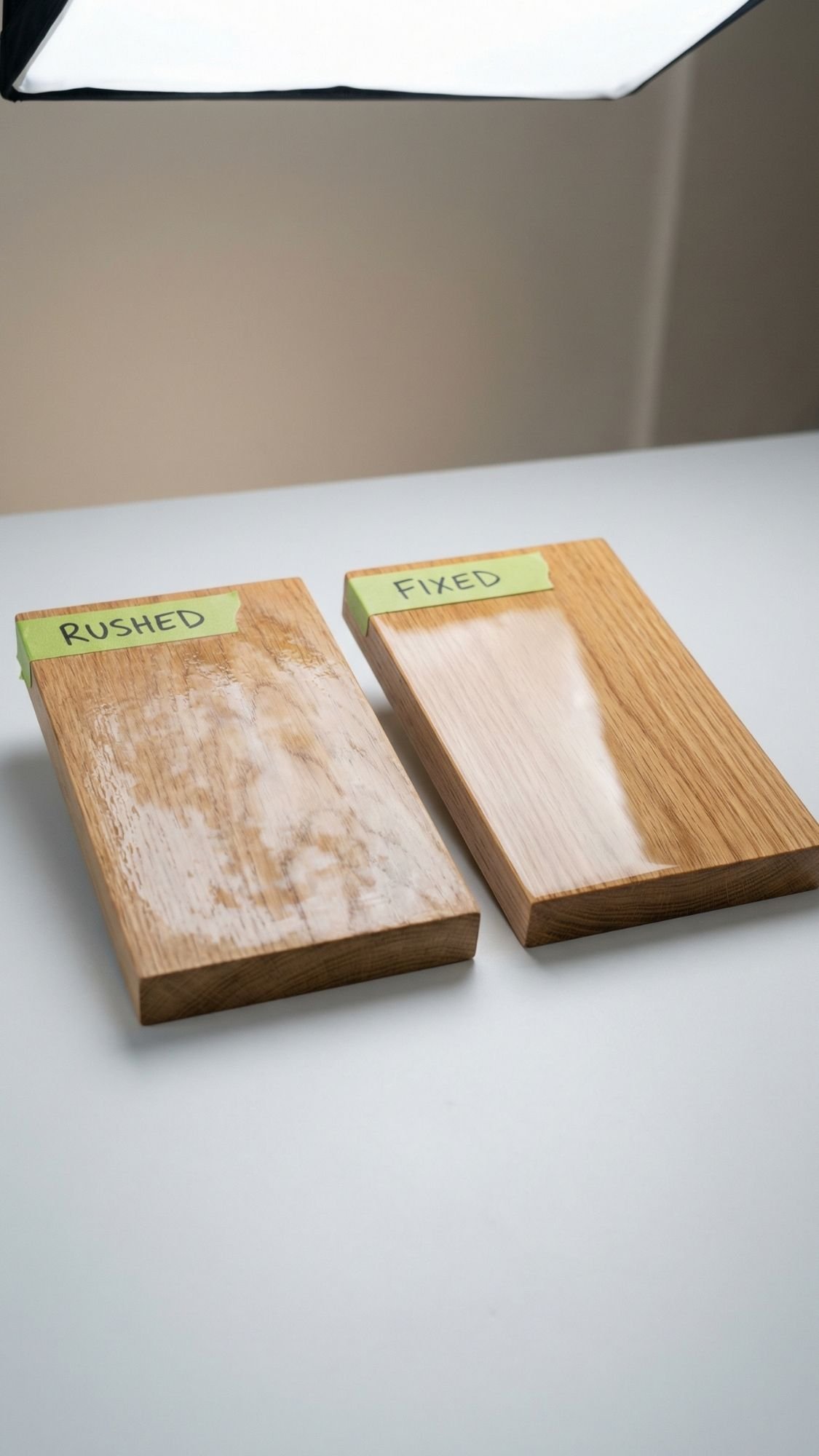 Two wooden boards side by side on a white surface; one labeled “RUSHED” has an uneven, cloudy finish, while the other labeled “FIXED” shines with a smooth, glossy look—perfect inspiration for unique boyfriend gifts or handmade gifts for BF.