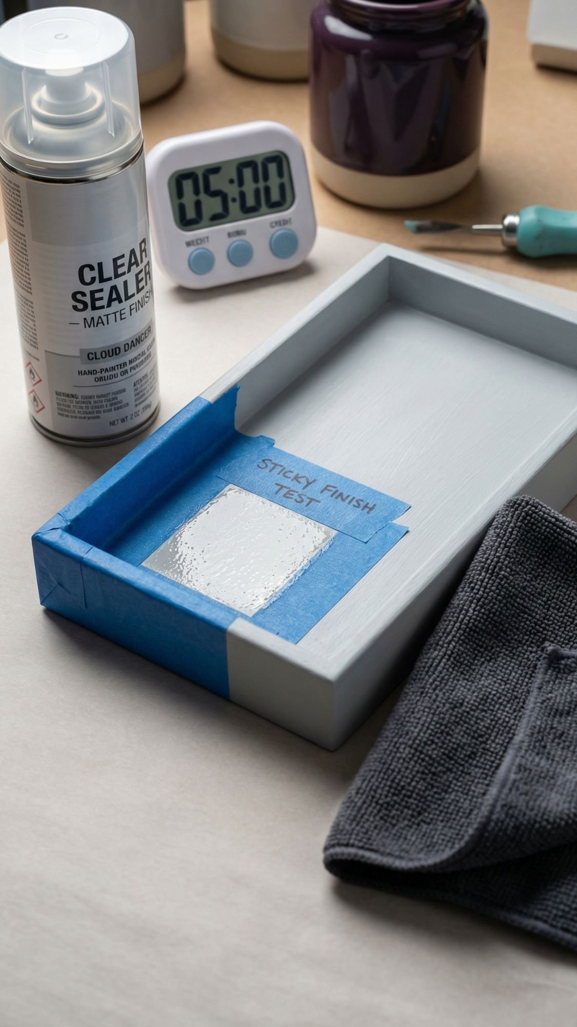 A can of clear sealer, a digital timer set to 5:00, a screwdriver, gray cloth, and a wooden tray partly masked with blue tape labeled “sticky finish test” are arranged—perfect for DIYers creating easy handmade gifts or Handmade birthday gifts.