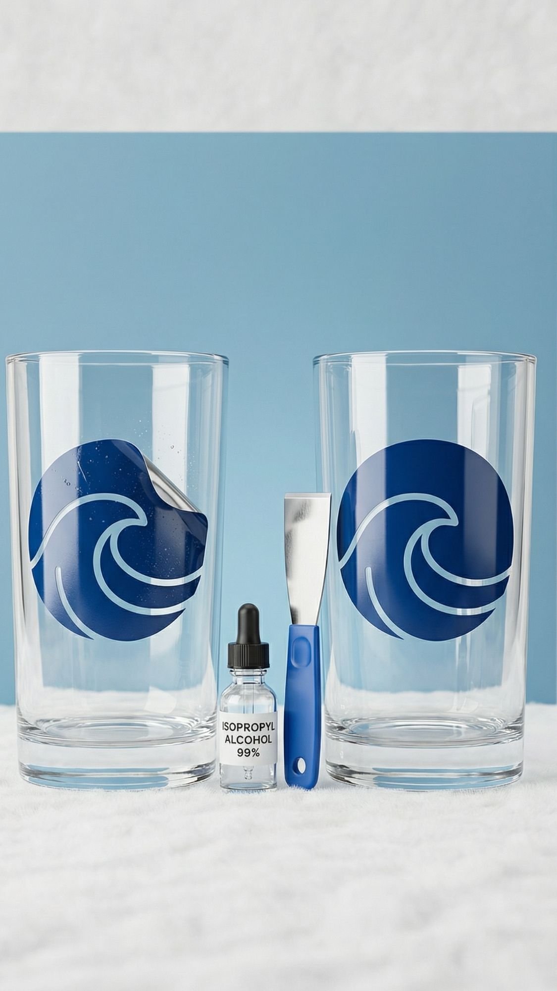 Two clear glasses with blue wave designs sit side by side. In front are a small Isopropyl Alcohol dropper bottle, a blue-handled scraper, and a white-blue background—perfect inspiration for Handmade gift ideas or useful gifts for your best friend.