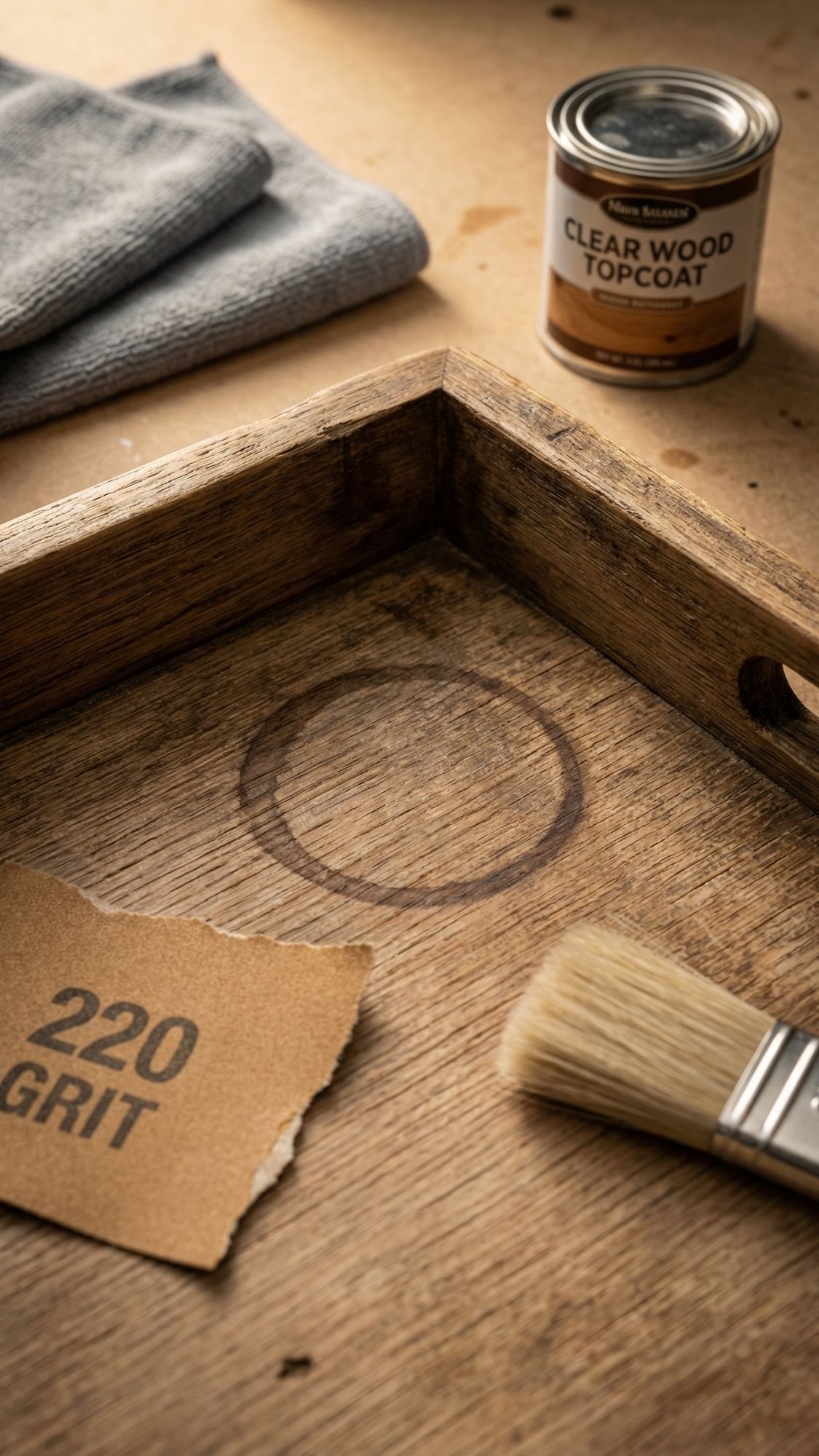 A wooden tray with a circular water stain sits on a workbench, next to 220 grit sandpaper, a brush, clear wood topcoat, and a folded gray cloth—perfect for DIY gifts or creating a special breakfast in bed surprise.