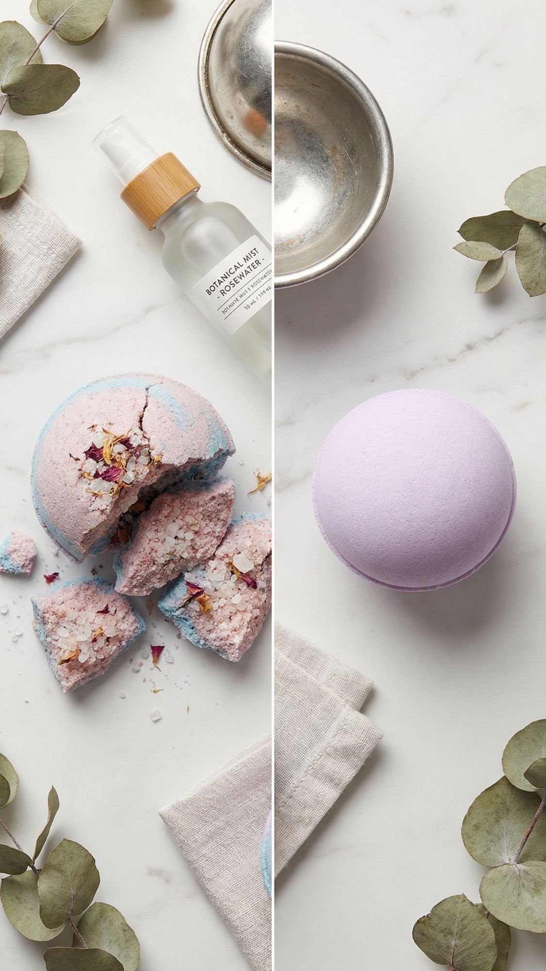 A split image shows a whole purple bath bomb on the right and a broken blue and pink bath bomb with rose petals on the left—perfect for at home spa indulgence or DIY spa day gifts. Nearby are a spray bottle, metal bowl, white cloth, and eucalyptus leaves.