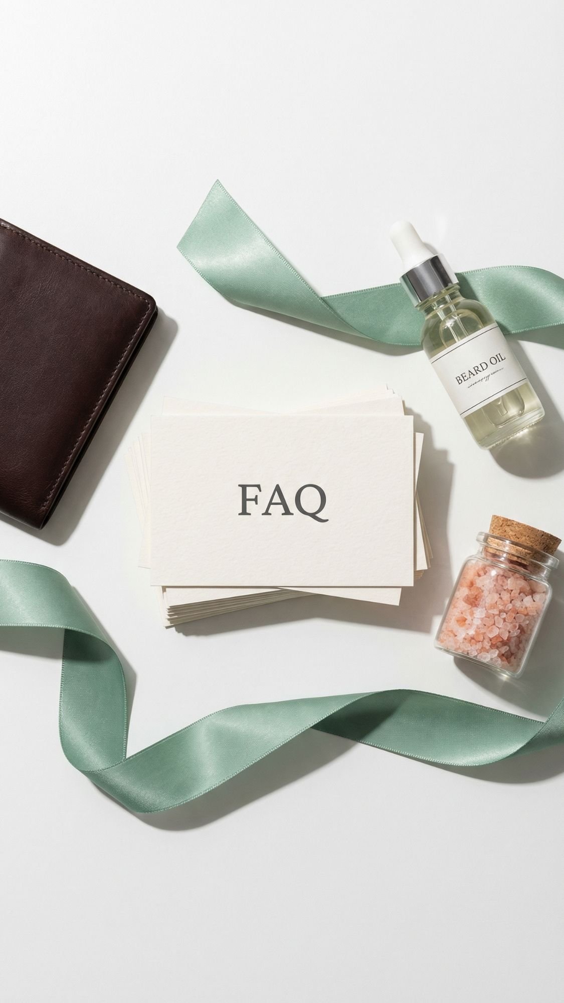 A stack of cards labeled FAQ is surrounded by a green ribbon, a dark brown wallet, a small bottle labeled Beard Oil, and a jar of pink bath salts—an arrangement perfect for those seeking useful gifts for boyfriend on a white surface.