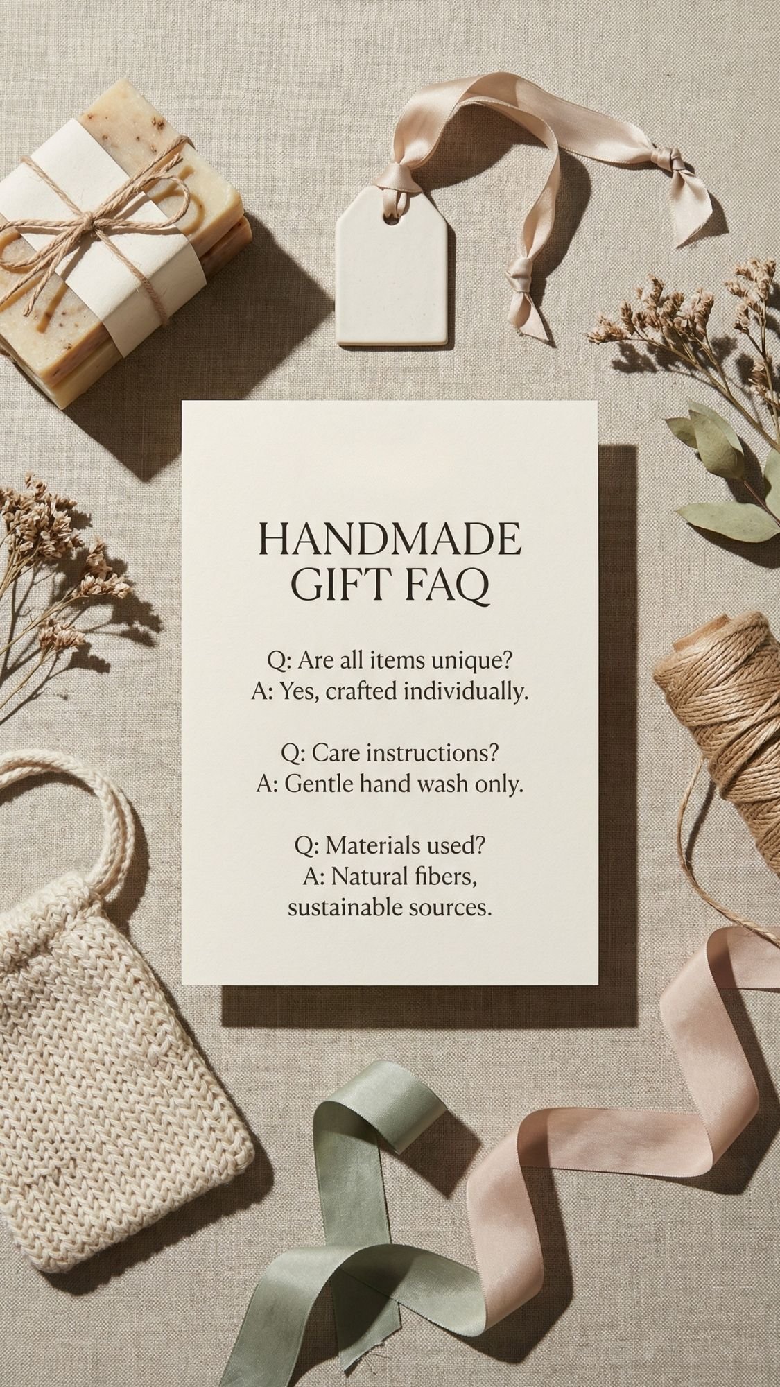 A flat lay of handmade items—soap, a knitted pouch, dried flowers, a blank tag, and ribbon—surrounds a card titled “Handmade Gift FAQ,” offering Handmade Gift Ideas and tips on the uniqueness, care, and materials of these special gifts.