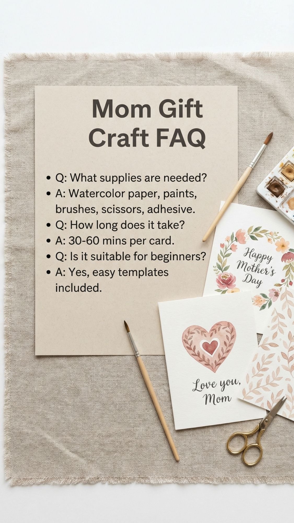 A FAQ sheet about making homemade presents and DIY gifts for mom is displayed on beige fabric, surrounded by watercolor cards, art supplies, a pencil, paintbrush, scissors, and a paint set—perfect inspiration for creative kids crafts.