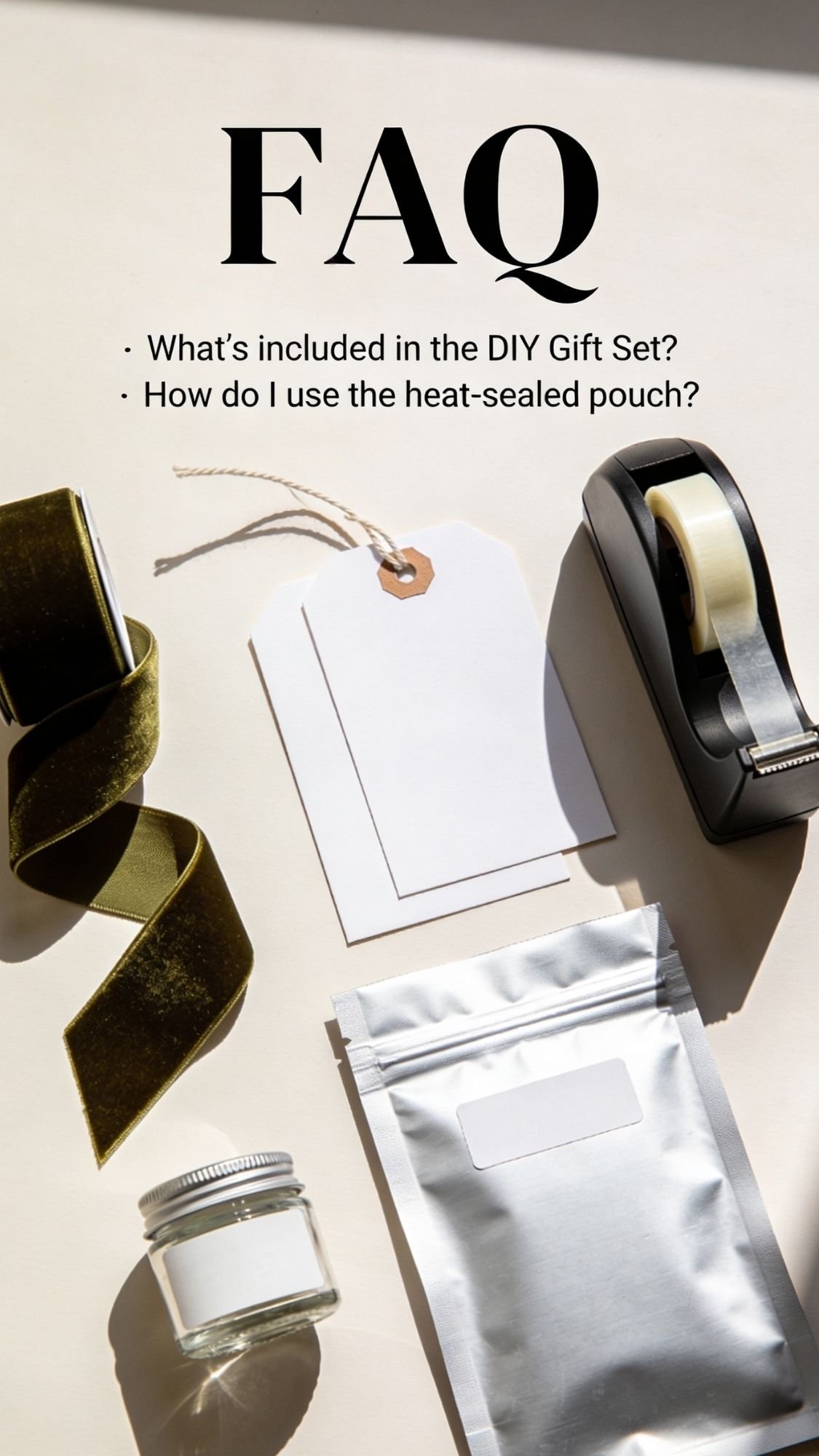 Gift wrapping supplies arranged on a light surface, including a velvet ribbon, blank tags, tape dispenser, glass jar, and a silver heat-sealed pouch. Text above reads FAQ with two questions about DIY Gift Set Ideas for cozy winter nights.