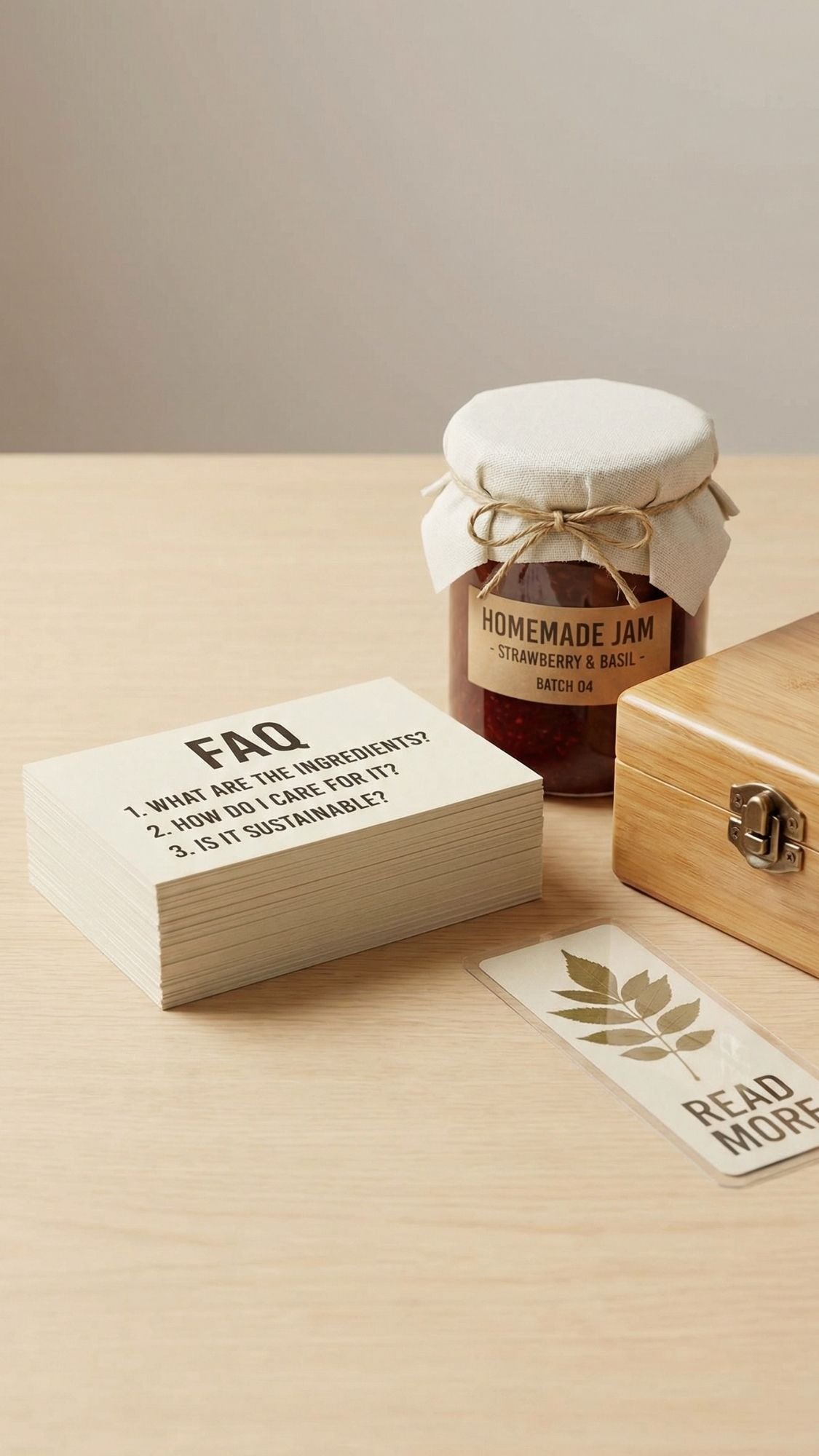 A jar of strawberry and basil homemade jam sits on a wooden surface next to a wooden box, a FAQ card listing three questions, and a leaf-design card labeled READ MORE—perfect for DIY presents for grandma or other sweet gifts for grandma.