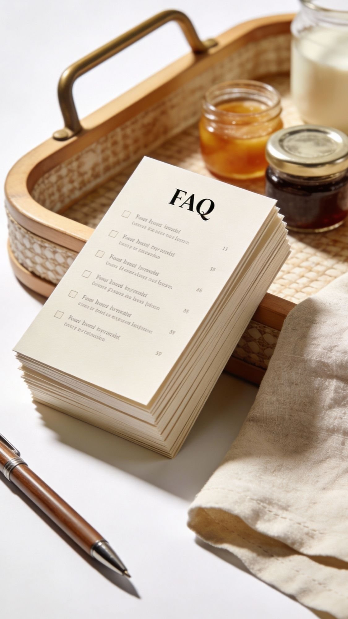 A stack of FAQ cards sits on a table next to a brown pen, a beige napkin, and a tray holding jars of honey and jam—perfect inspiration for DIY gifts or planning breakfast in bed for mom. The cards have checkboxes and printed questions.