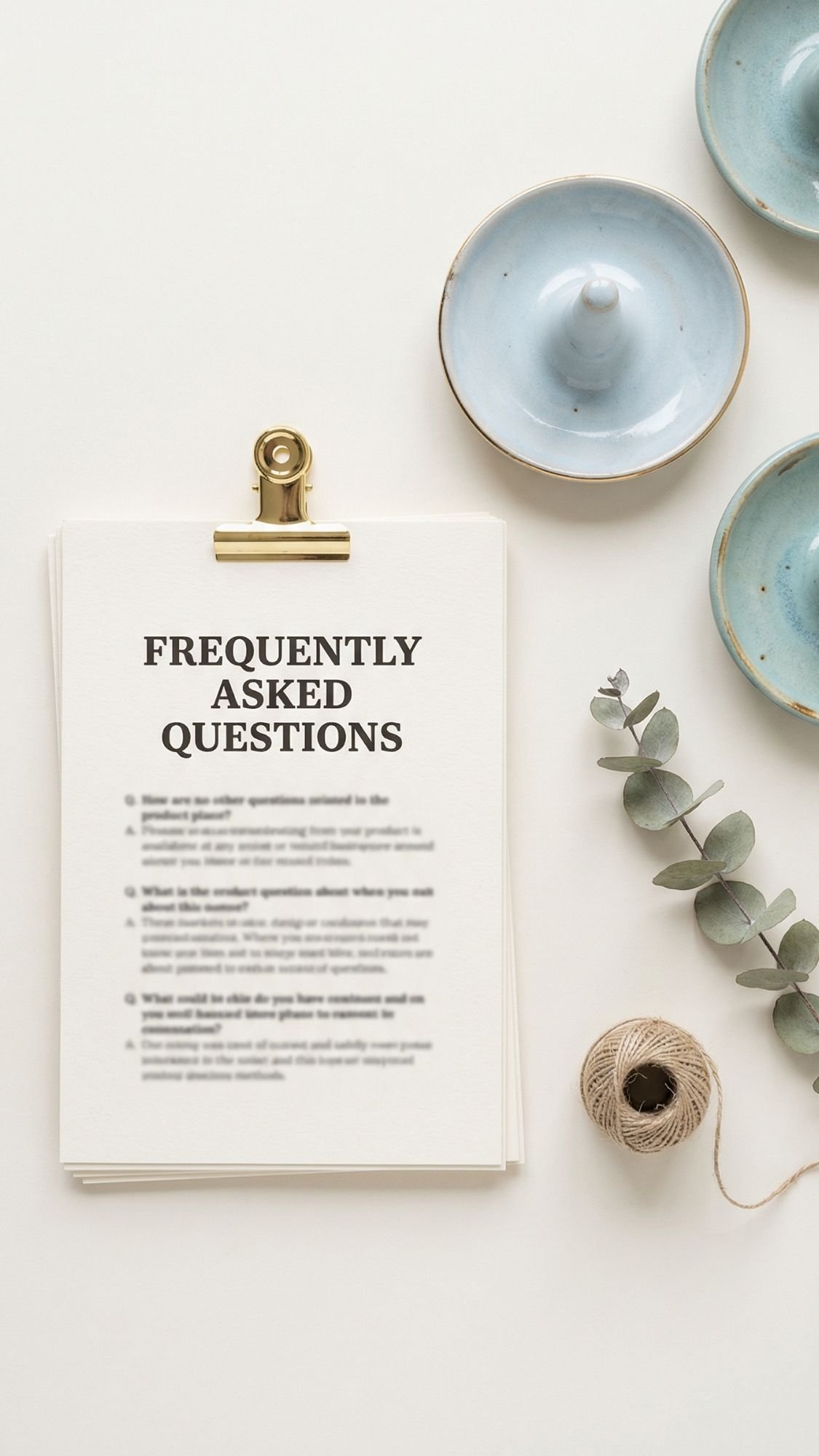 A stack of papers with Frequently Asked Questions printed on top sits on a white surface, surrounded by blue dishes, eucalyptus leaves, and a spool of twine—perfect inspiration for easy handmade gifts or thoughtful birthday gifts for best friend.