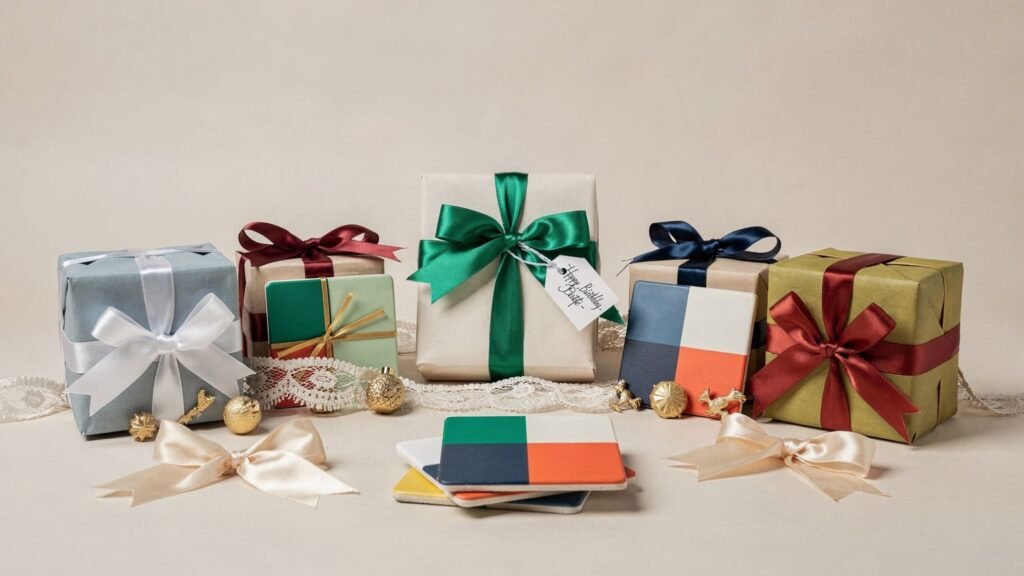 A variety of neatly wrapped gift boxes with colorful ribbons, handmade birthday gifts, coasters with geometric designs, decorative golden acorns, lace, and satin bows, all arranged on a neutral background.