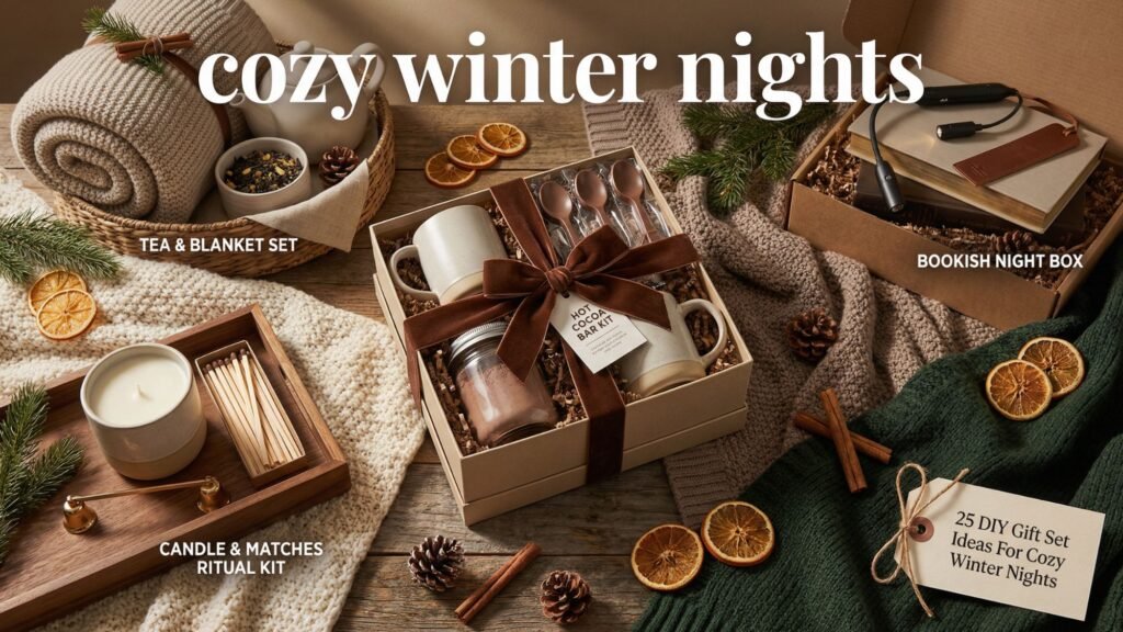 Winter Gift Sets for cozy winter nights arranged on a wooden surface, including a tea and blanket set, a bookish night box, a candle and matches kit, and hot cocoa gift box—perfect DIY Gift Set Ideas surrounded by pine cones and cinnamon sticks.