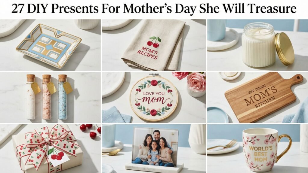 Collage of nine DIY Mother’s Day gifts, featuring a decorative tray, “Mom’s Recipes” towel, candle, bath salts in jars, “Love You Mom” plate, ribbon-wrapped box, family photo frame, cutting board, and “World’s Best Mom” mug—perfect DIY Presents for Mother's Day.