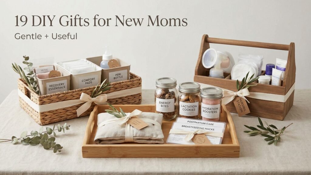 A neatly arranged display of DIY gifts for new moms, featuring useful gifts like jars of snacks, personal care products, labeled pouches, and soft cloths in natural containers with ribbon accents and eucalyptus sprigs. Text reads: “19 DIY Gifts for New Moms.”.