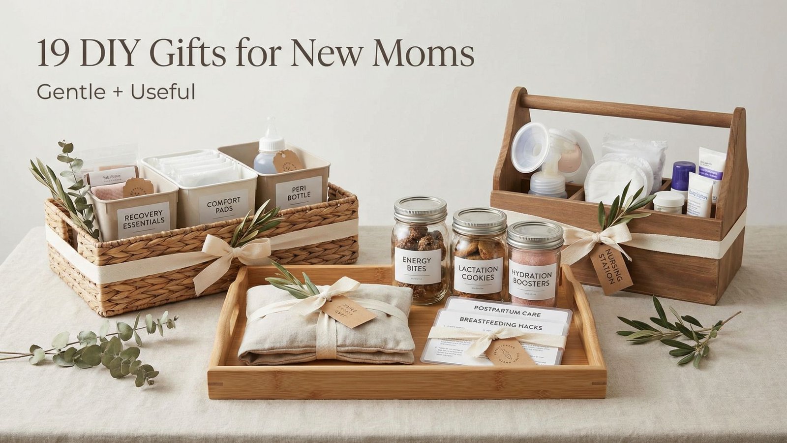 A neatly arranged display of DIY gifts for new moms, featuring useful gifts like jars of snacks, personal care products, labeled pouches, and soft cloths in natural containers with ribbon accents and eucalyptus sprigs. Text reads: “19 DIY Gifts for New Moms.”.