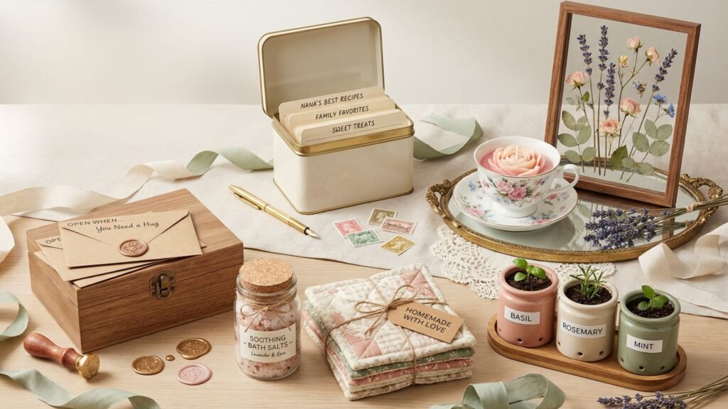 A tabletop decorated with a floral teacup set, a tin recipe box, letters in a wooden box, “Soothing Bath Salts,” quilted coasters, potted herbs, and framed pressed flowers inspires simple gifts for grandma she'll treasure.