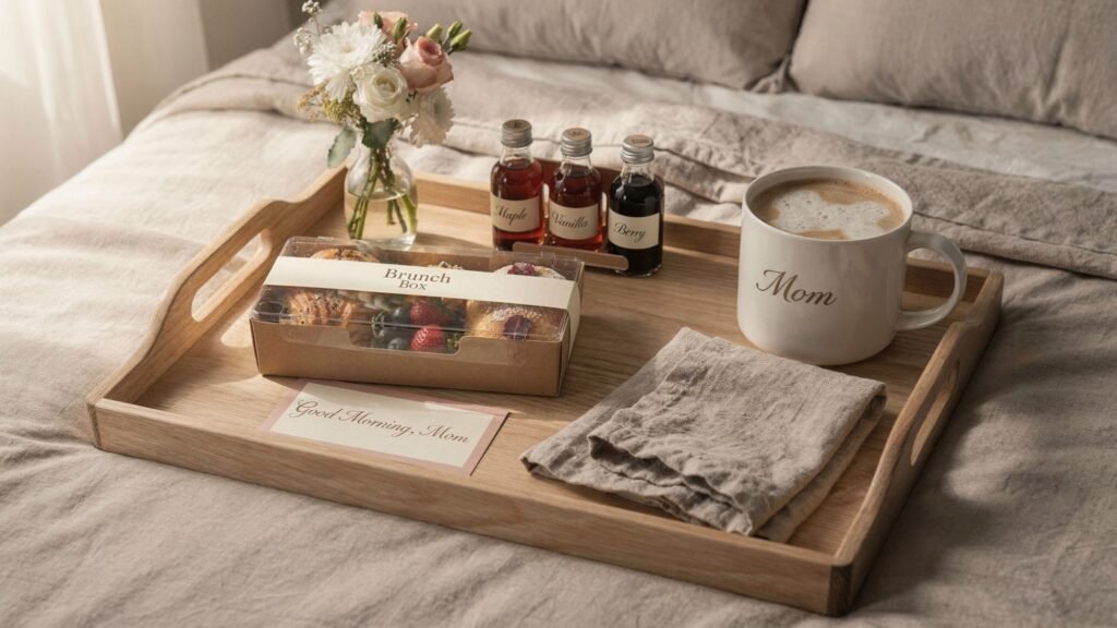 A wooden tray on a bed holds a "Mom" mug, brunch box with pastries and fruit, syrups, a cloth napkin, flowers, and a "Good Morning, Mom" card—the perfect breakfast in bed and one of the sweetest DIY gifts for mom.