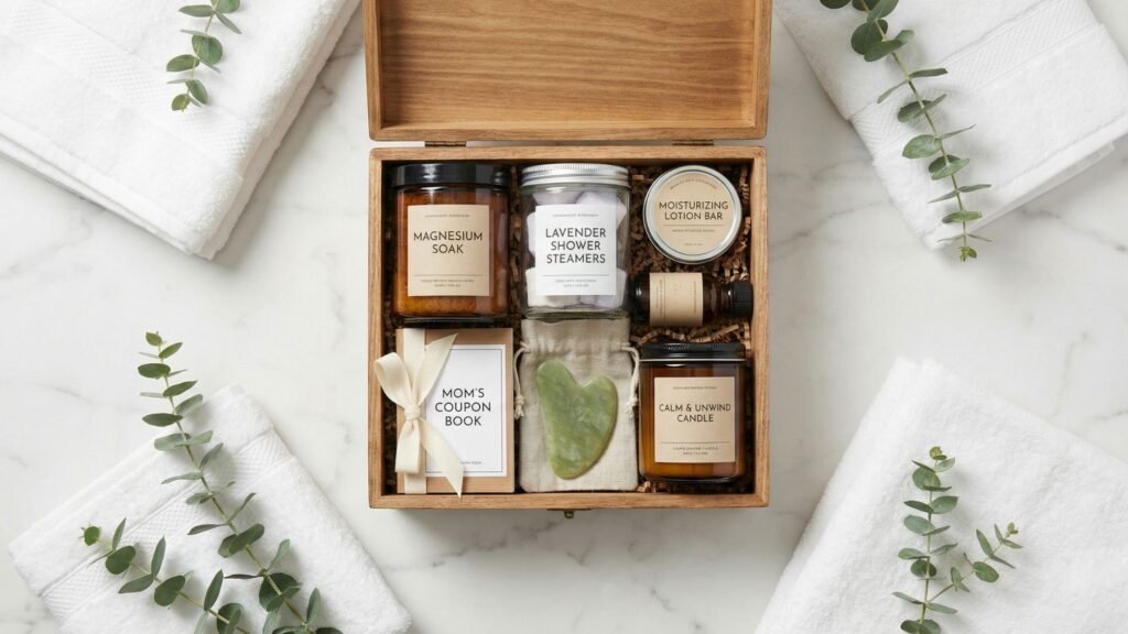 A wooden gift box with spa items for a relaxing at-home spa experience—magnesium soak, lavender shower steamers, moisturizing lotion bar, candle, jade facial tool, coupon book, and towels—all arranged on marble with eucalyptus leaves.