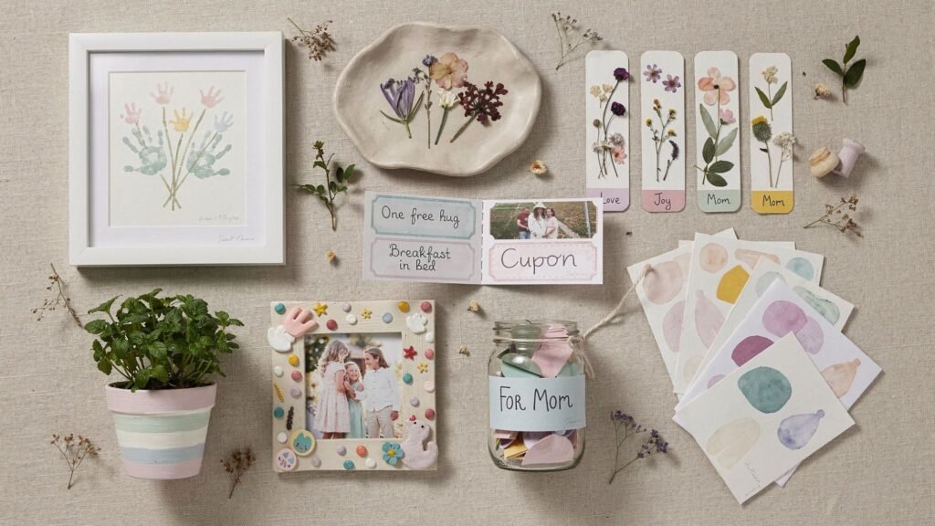 A collection of handmade Mother’s Day crafts, including DIY gifts for mom like a framed floral drawing, pressed flower bookmarks, painted pot with a plant, photo frame, coupon jar, cards, and dried flowers arranged on a beige surface.