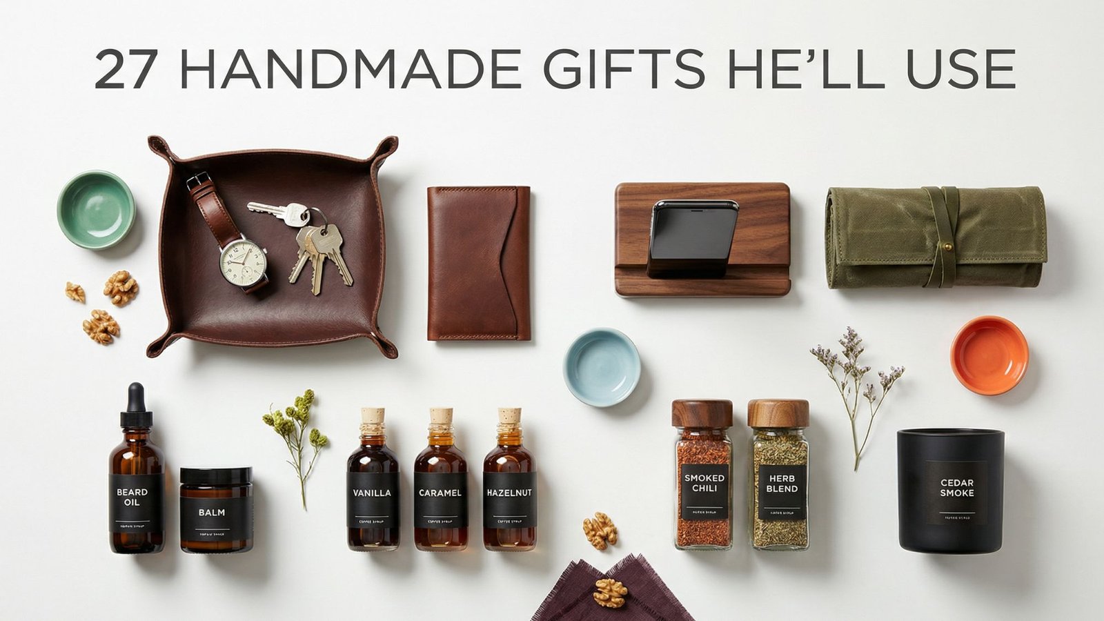 A flat lay of various Handmade Gifts for men, including a watch, wallet, phone stand, pouch, beard oil, balm, spice jars, candle, and dried flowers. Text reads: 27 Handmade Gifts He’ll Use. Find the perfect Useful Gifts for your BF!.