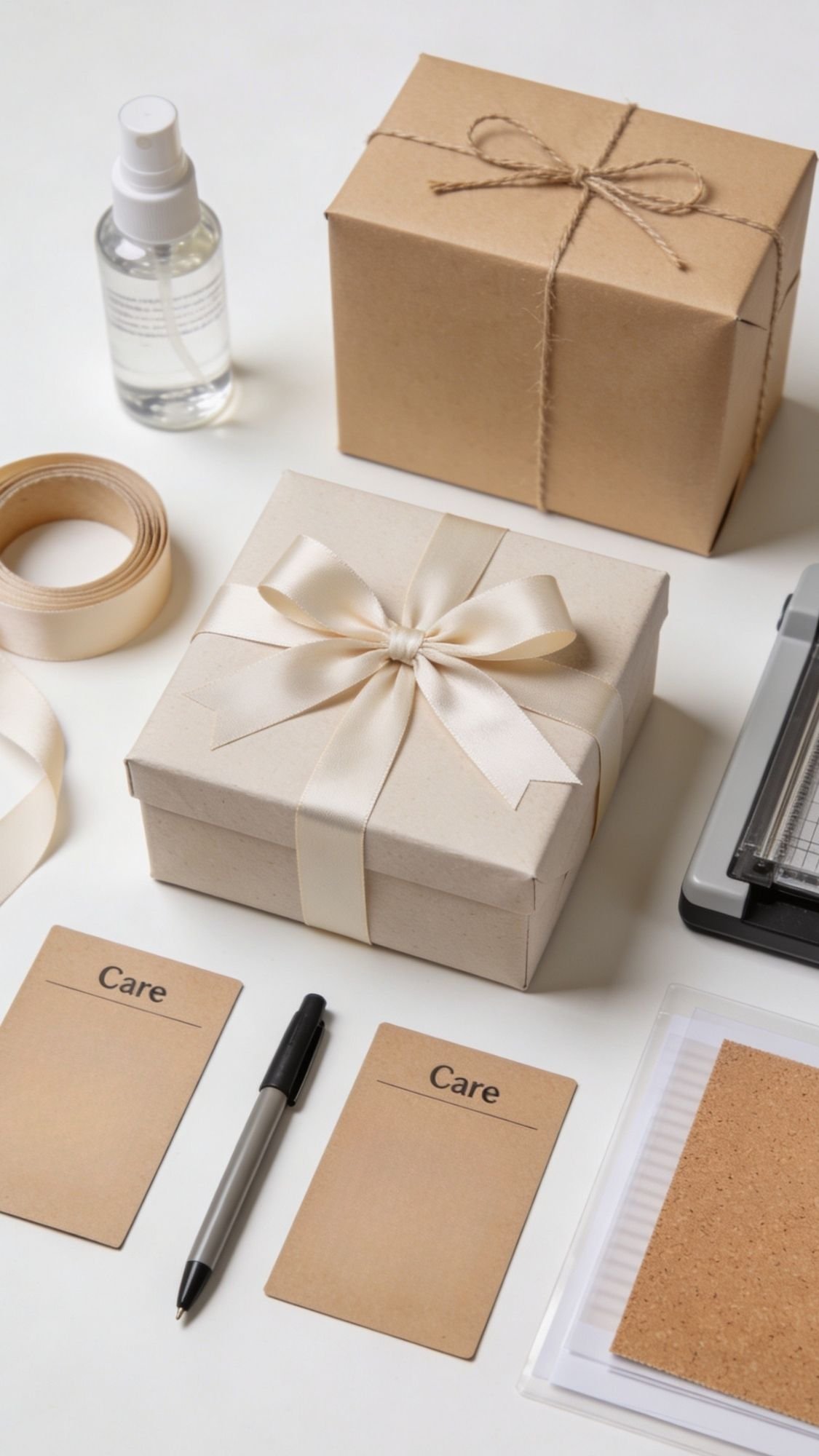 A flat lay displays two gift boxes, perfect for homemade gifts for grandma, one with a white ribbon and the other with twine, a spray bottle, ribbon, a pen, two Care cards, and packaging supplies on a light surface.