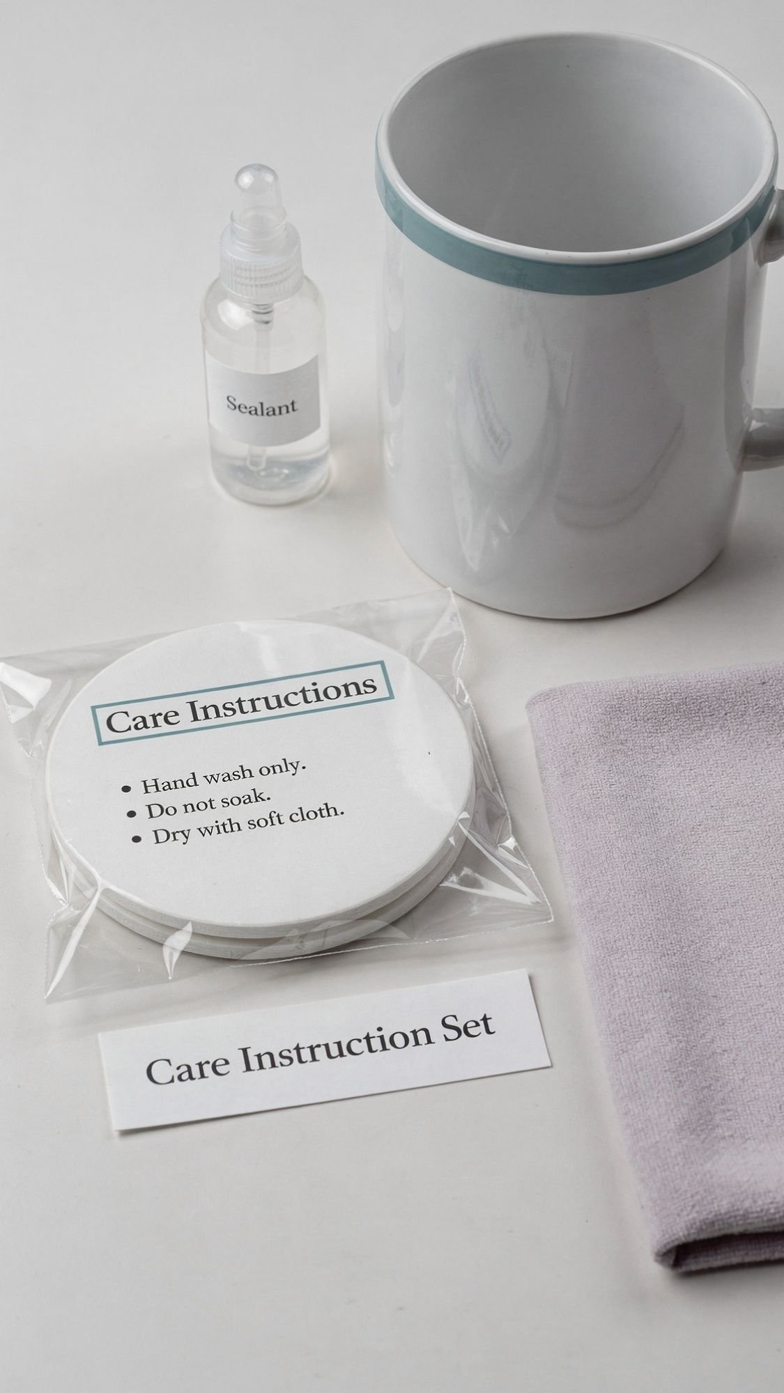 A mug, a small bottle labeled Sealant, a folded lilac cloth, and a pack of coasters with care instructions make up this Care Instruction Set—perfect for easy handmade gifts or thoughtful birthday gifts for best friend.