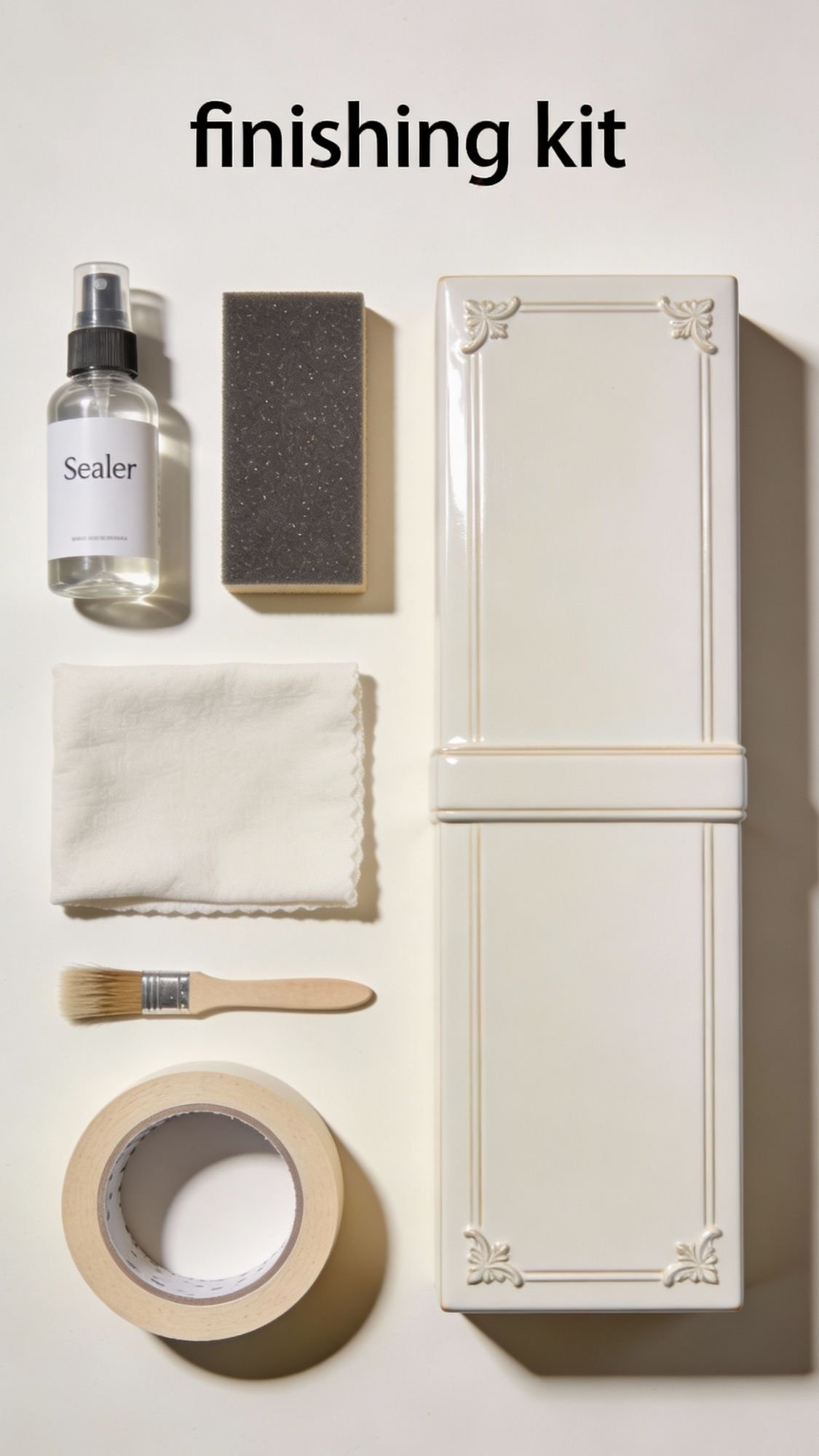 Top-down view of a finishing kit—perfect for DIY presents for mom—including a spray bottle labeled Sealer, sponge, folded cloth, small brush, masking tape roll, and decorative box, all arranged neatly on a light background.