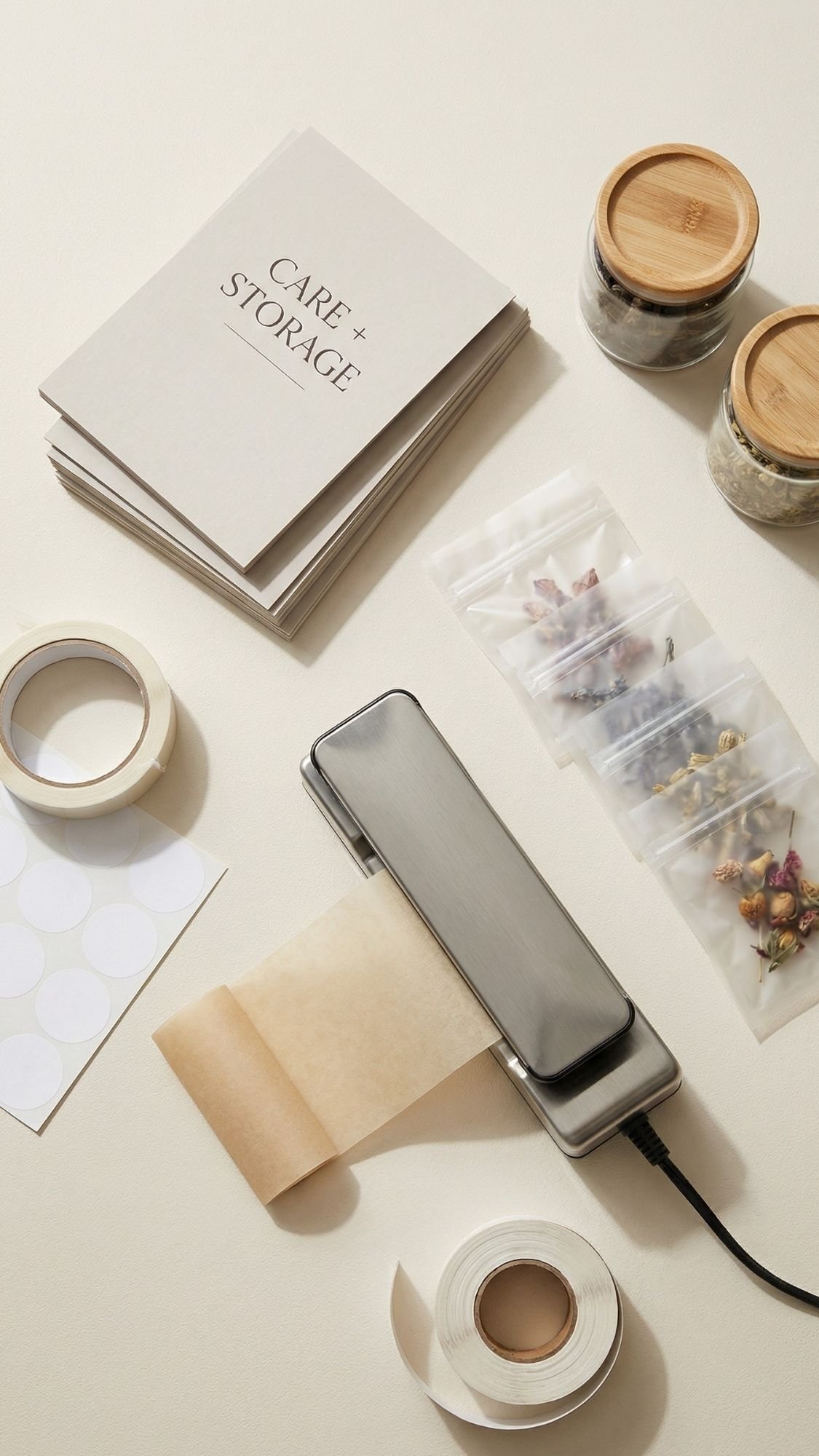 A tabletop with stacked “CARE + STORAGE” booklets, jars with wooden lids, dried flowers in small bags, blank stickers, tape rolls, and a heat sealer—perfect inspiration for cozy winter nights or thoughtful DIY gift set ideas.