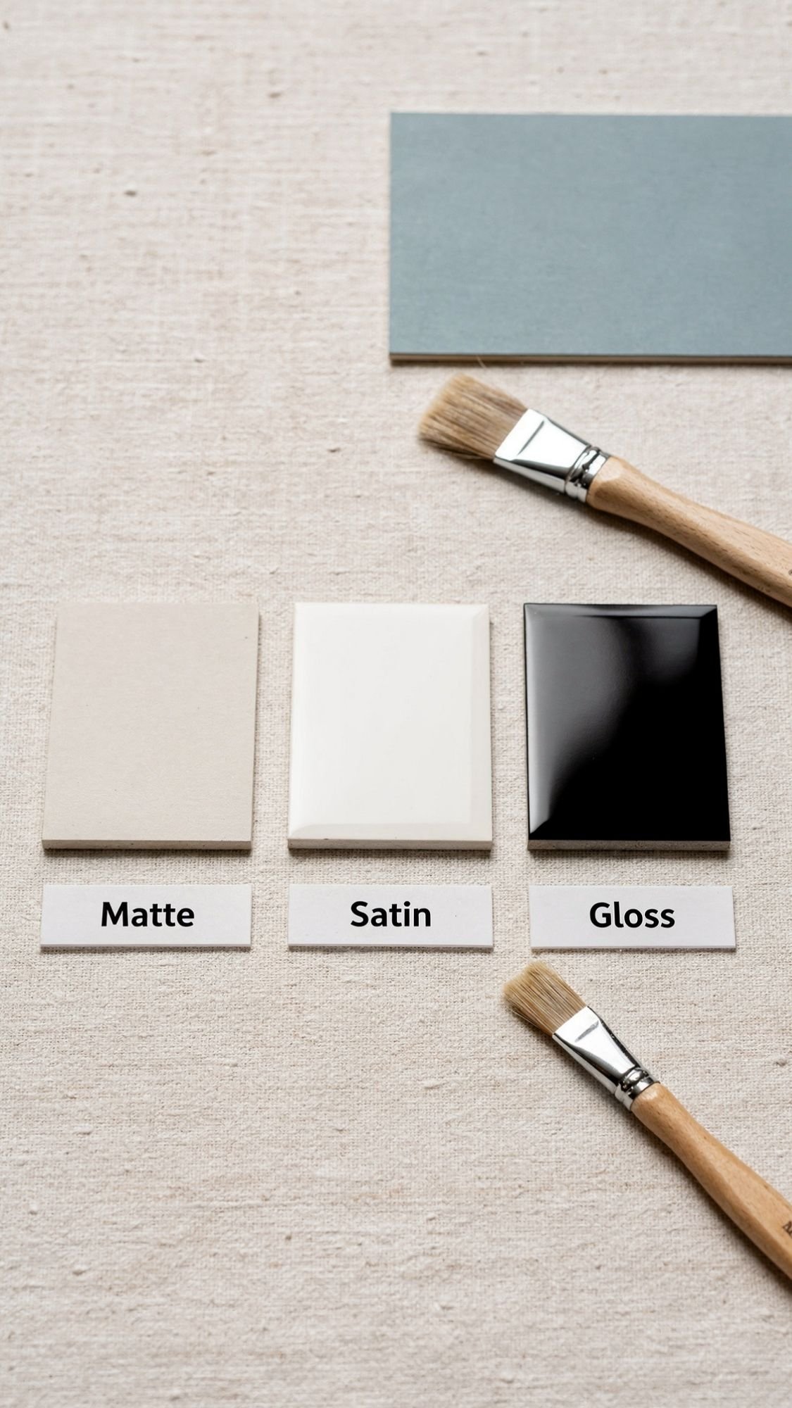 Three rectangular paint samples labeled Matte (beige), Satin (white), and Gloss (black) are displayed side by side on a textured surface, perfect inspiration for Handmade Gift Ideas. Two paintbrushes and a blue card are placed nearby.