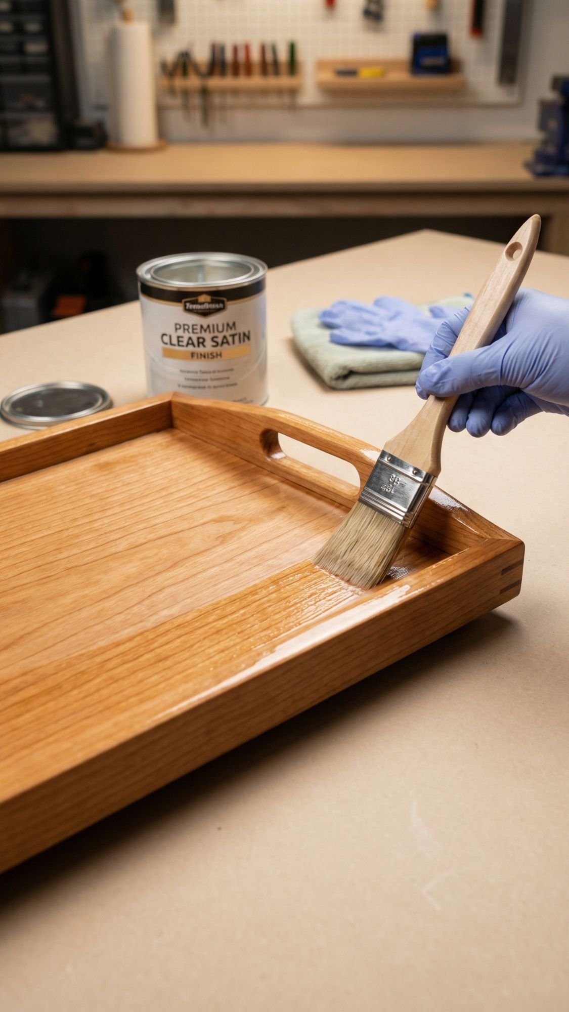A gloved hand uses a paintbrush to apply clear satin finish to a wooden tray—perfect for breakfast in bed or thoughtful DIY gifts; a can of finish, lid, green cloth, and blue gloves are also visible on the workbench.