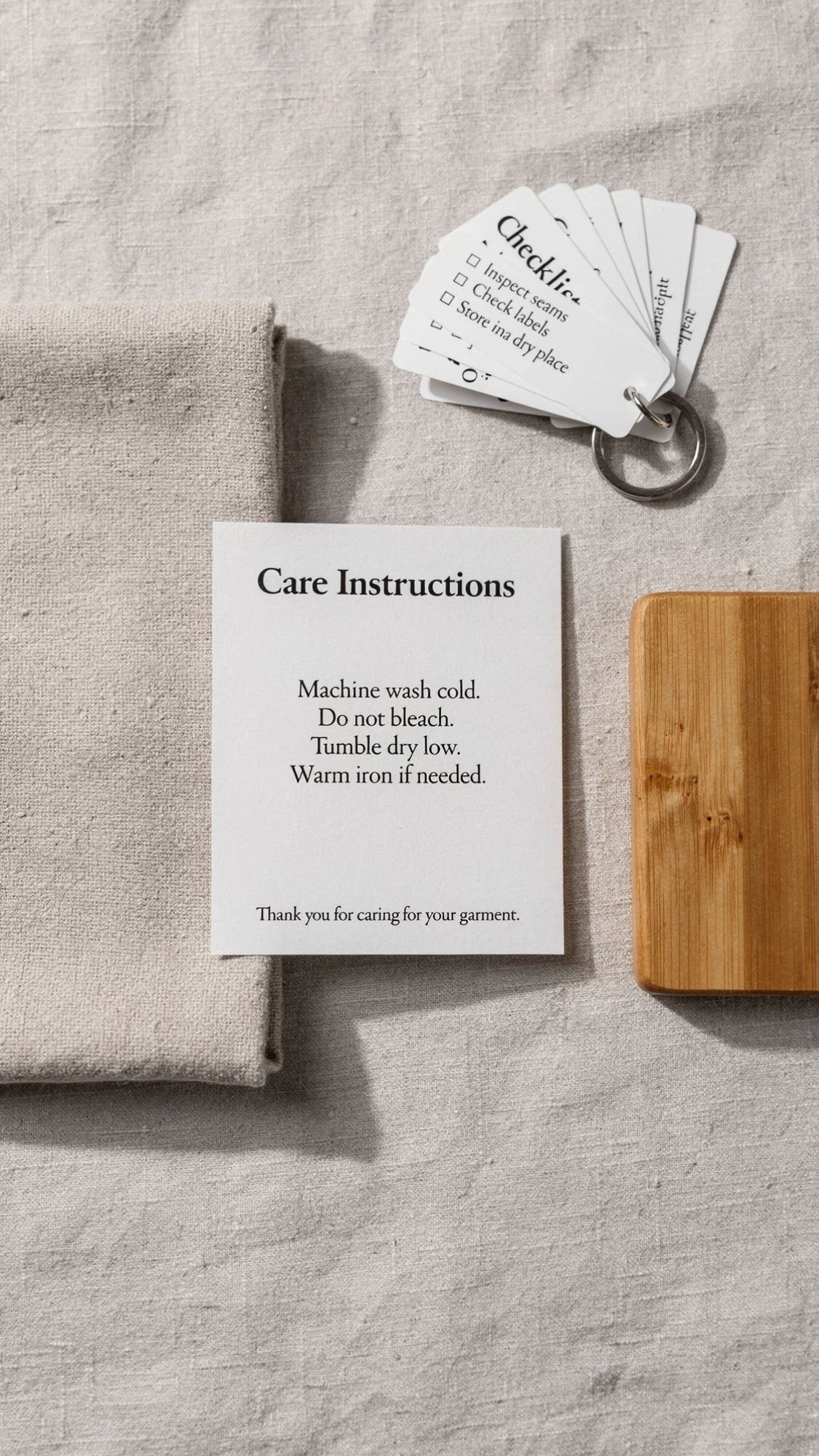 A square card with care instructions sits on beige fabric, beside a stack of swatches on a keyring and a wooden rectangle—perfect inspiration for DIY gifts or thoughtful gifts for new moms, with easy wash and care details included.