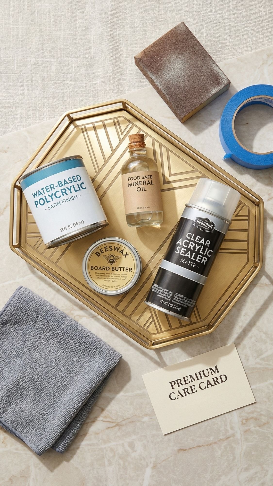 A gold tray displays water-based polycrylic, food-safe mineral oil, beeswax board butter, clear acrylic sealer, and more—perfect for assembling DIY Mother’s Day gifts or homemade Mother’s Day presents on a light fabric surface.