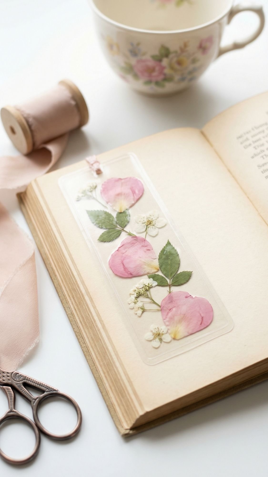 A clear bookmark with pressed pink petals, white flowers, and green leaves rests on an open book—perfect for DIY presents for grandma. Nearby are vintage scissors, pink ribbon, a spool, and a floral teacup.
