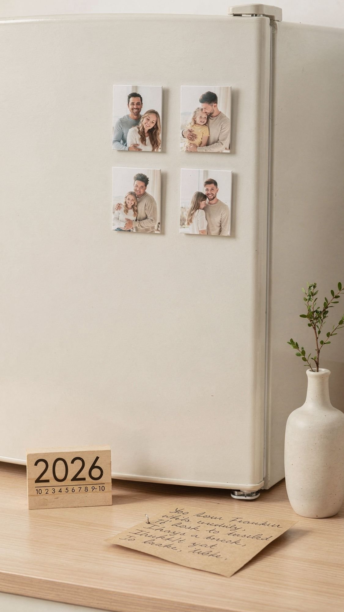 A white fridge with four family photos on the door—perfect for displaying Sweet DIY Gifts. On the counter, there’s a small paper calendar showing 2026, a handwritten letter, and a white vase with a small green plant.