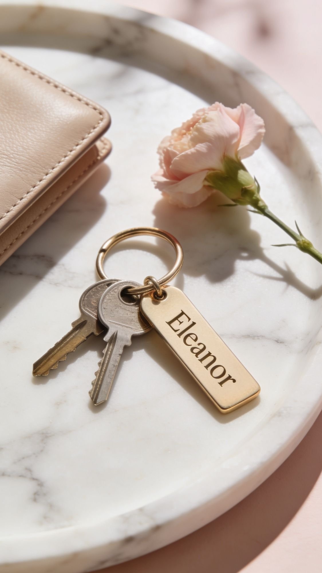 A key chain with a name tag and a flower on a marble surface—perfect for DIY presents for grandma or thoughtful homemade gifts she’ll treasure.